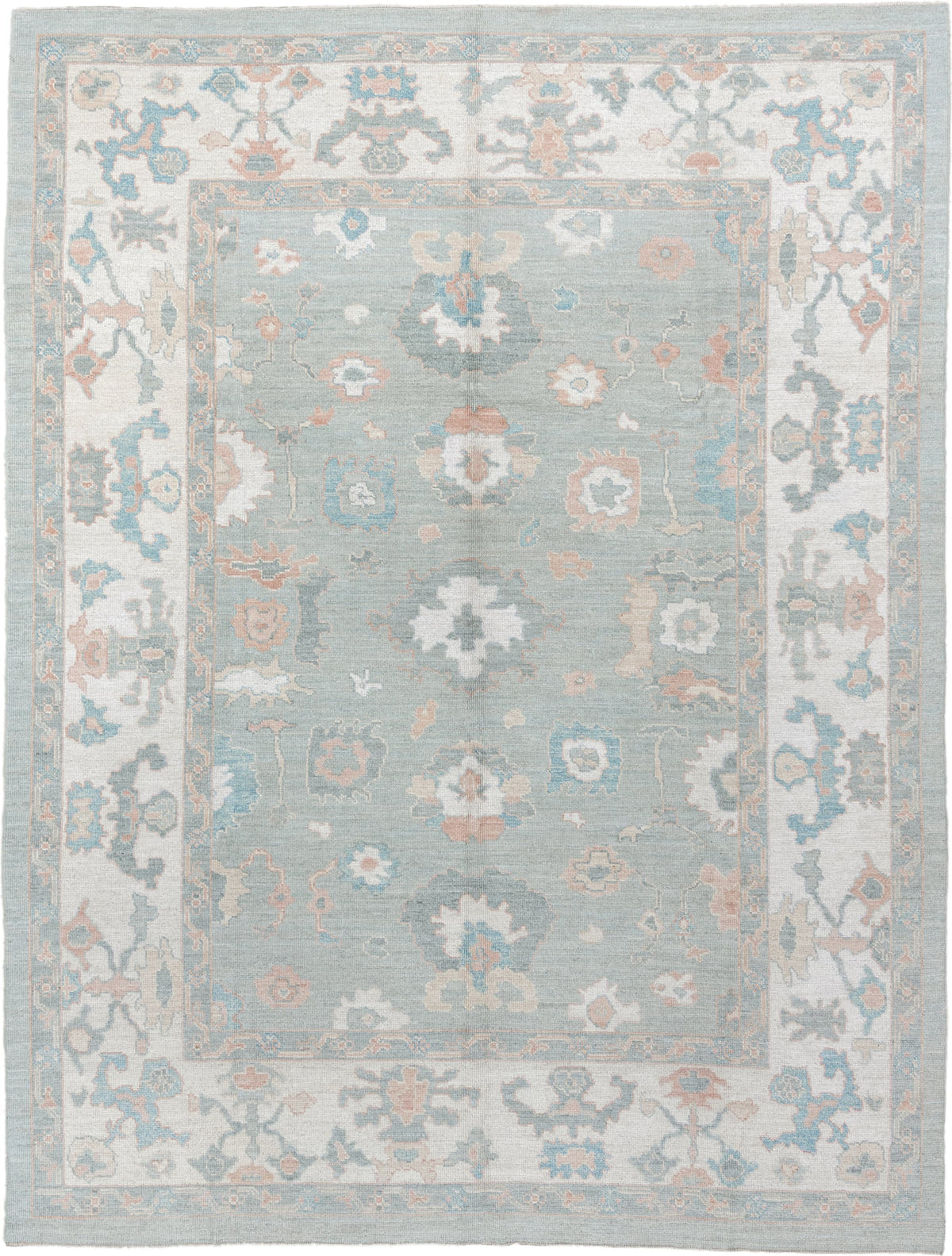 9' x 13' one-of-a-kind handmade vintage Oushak large size rug. Color palette: pale blue, ivory, taupe, blush, aqua, sage