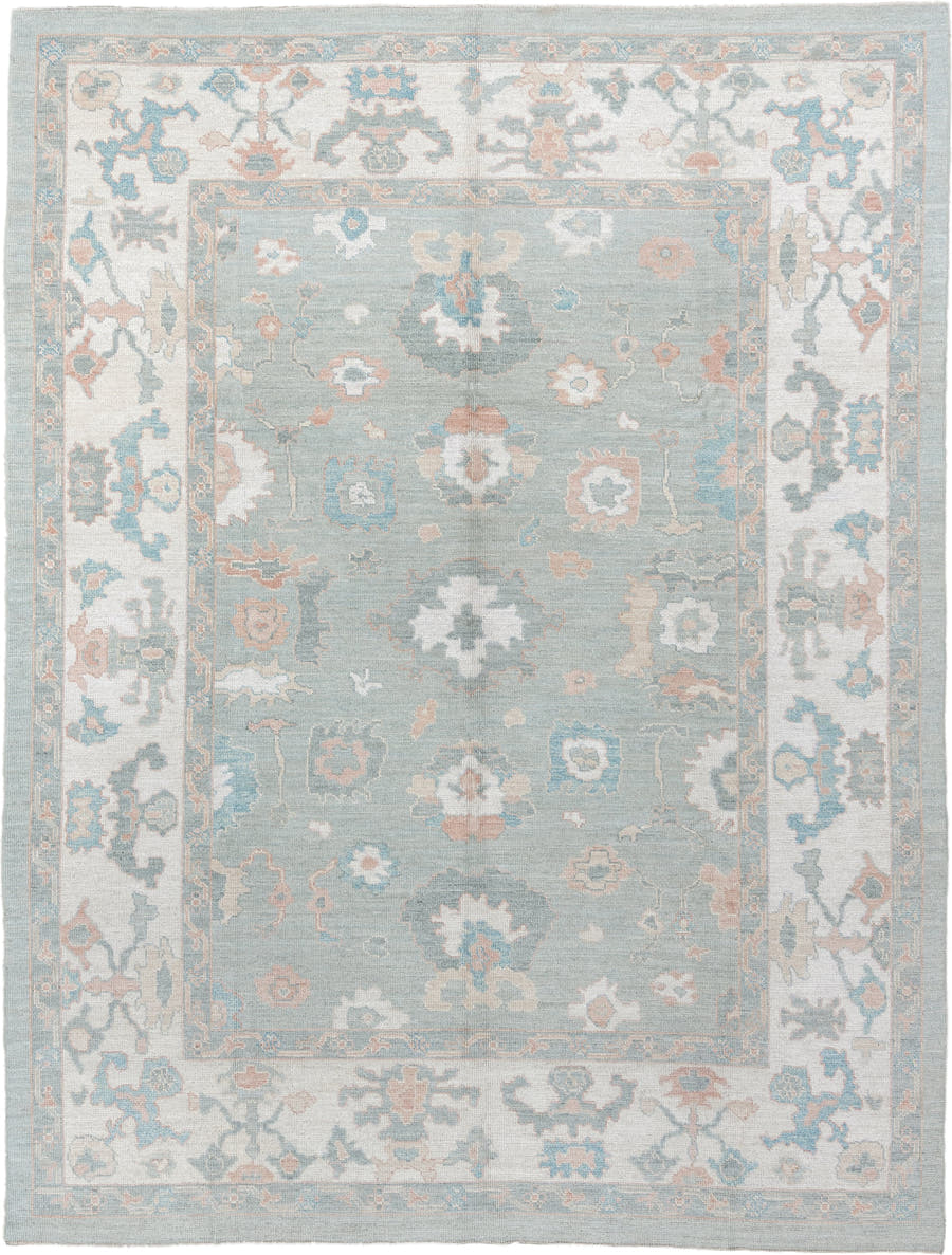 9' x 13' one-of-a-kind handmade vintage Oushak large size rug. Color palette: pale blue, ivory, taupe, blush, aqua, sage