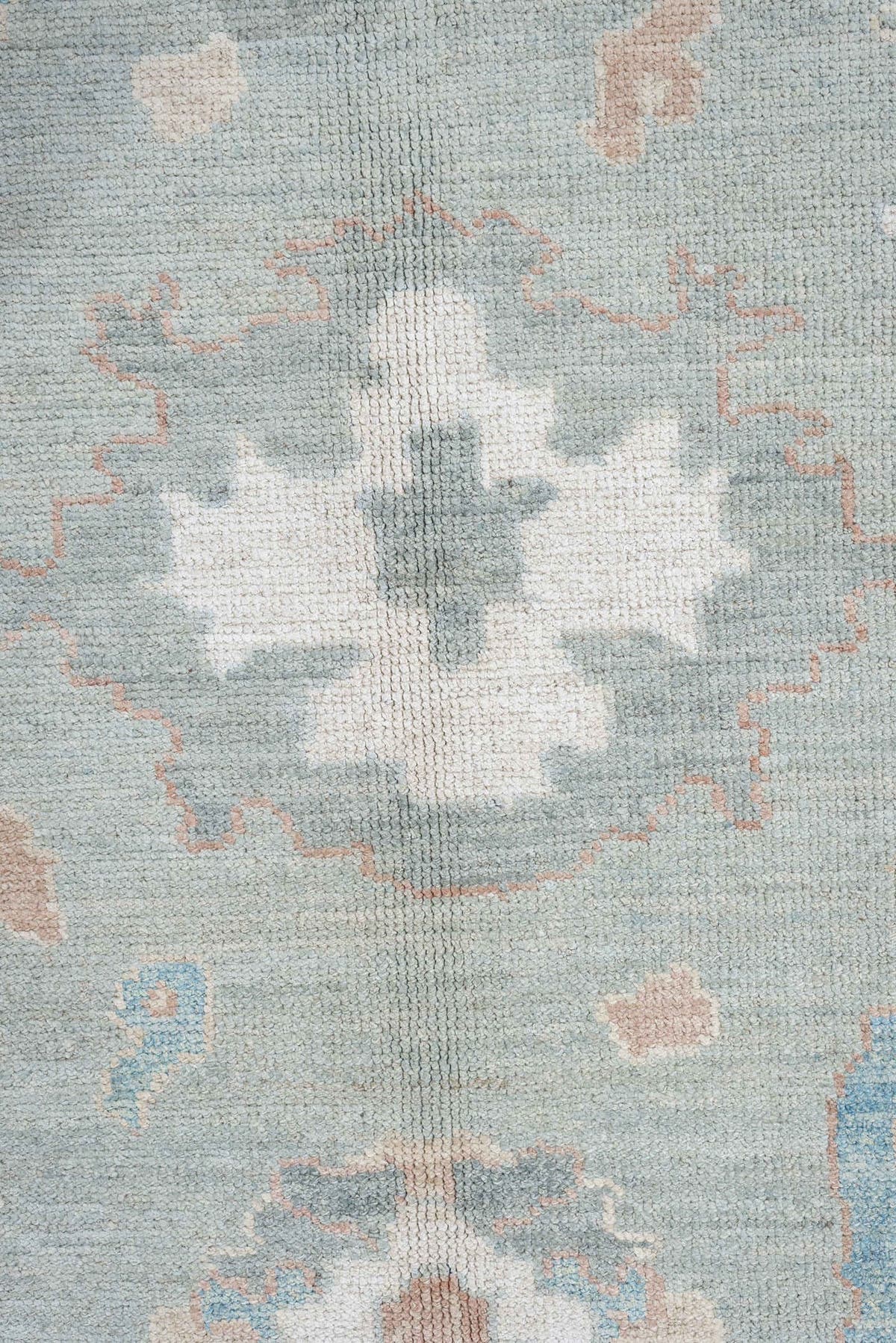 9' x 13' one-of-a-kind handmade vintage Oushak large size rug. Color palette: pale blue, ivory, taupe, blush, aqua, sage
