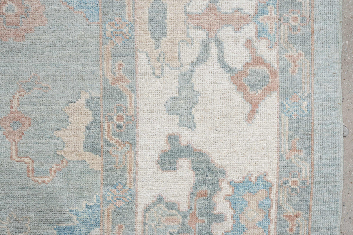 9' x 13' one-of-a-kind handmade vintage Oushak large size rug. Color palette: pale blue, ivory, taupe, blush, aqua, sage