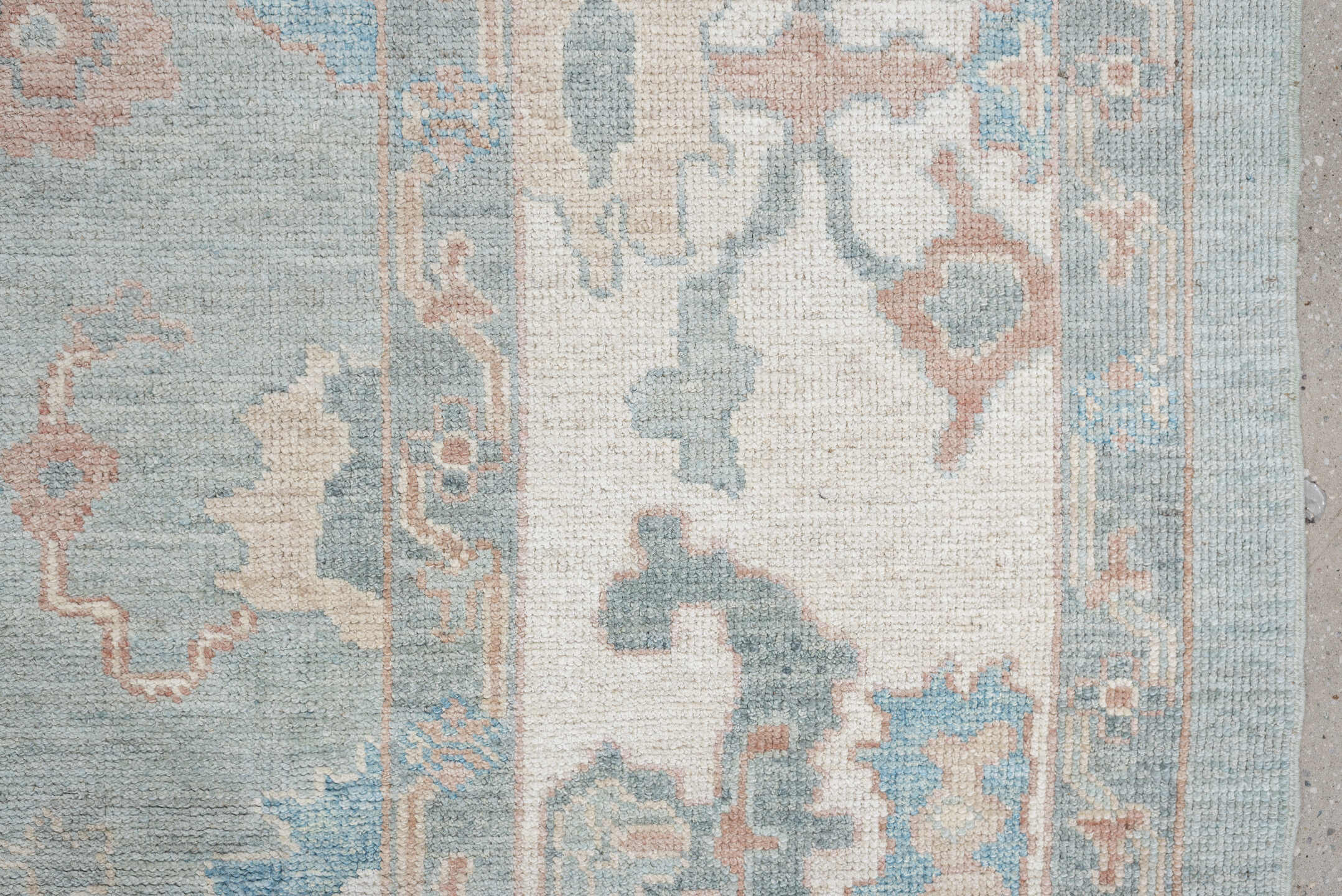 9' x 13' one-of-a-kind handmade vintage Oushak large size rug. Color palette: pale blue, ivory, taupe, blush, aqua, sage