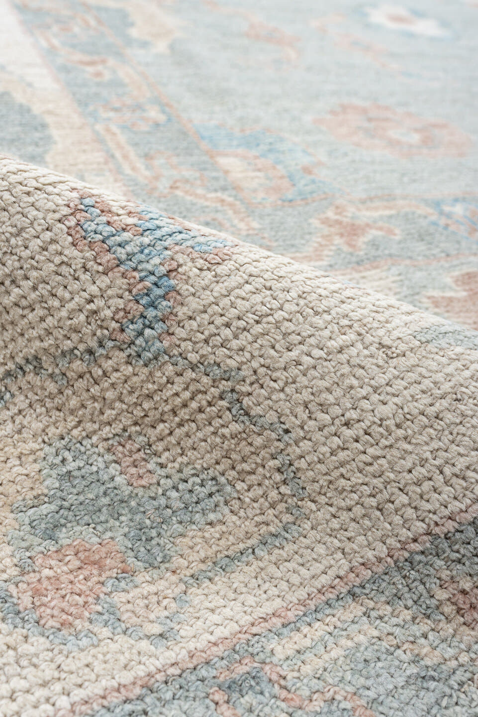 9' x 13' one-of-a-kind handmade vintage Oushak large size rug. Color palette: pale blue, ivory, taupe, blush, aqua, sage