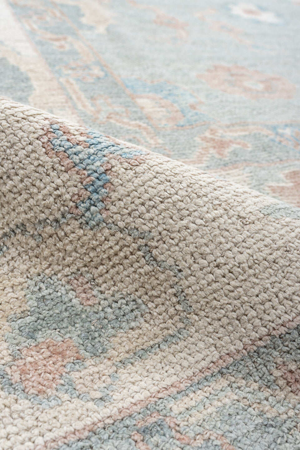 9' x 13' one-of-a-kind handmade vintage Oushak large size rug. Color palette: pale blue, ivory, taupe, blush, aqua, sage