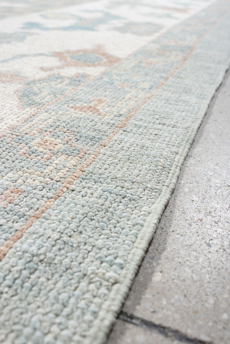 9' x 13' one-of-a-kind handmade vintage Oushak large size rug. Color palette: pale blue, ivory, taupe, blush, aqua, sage