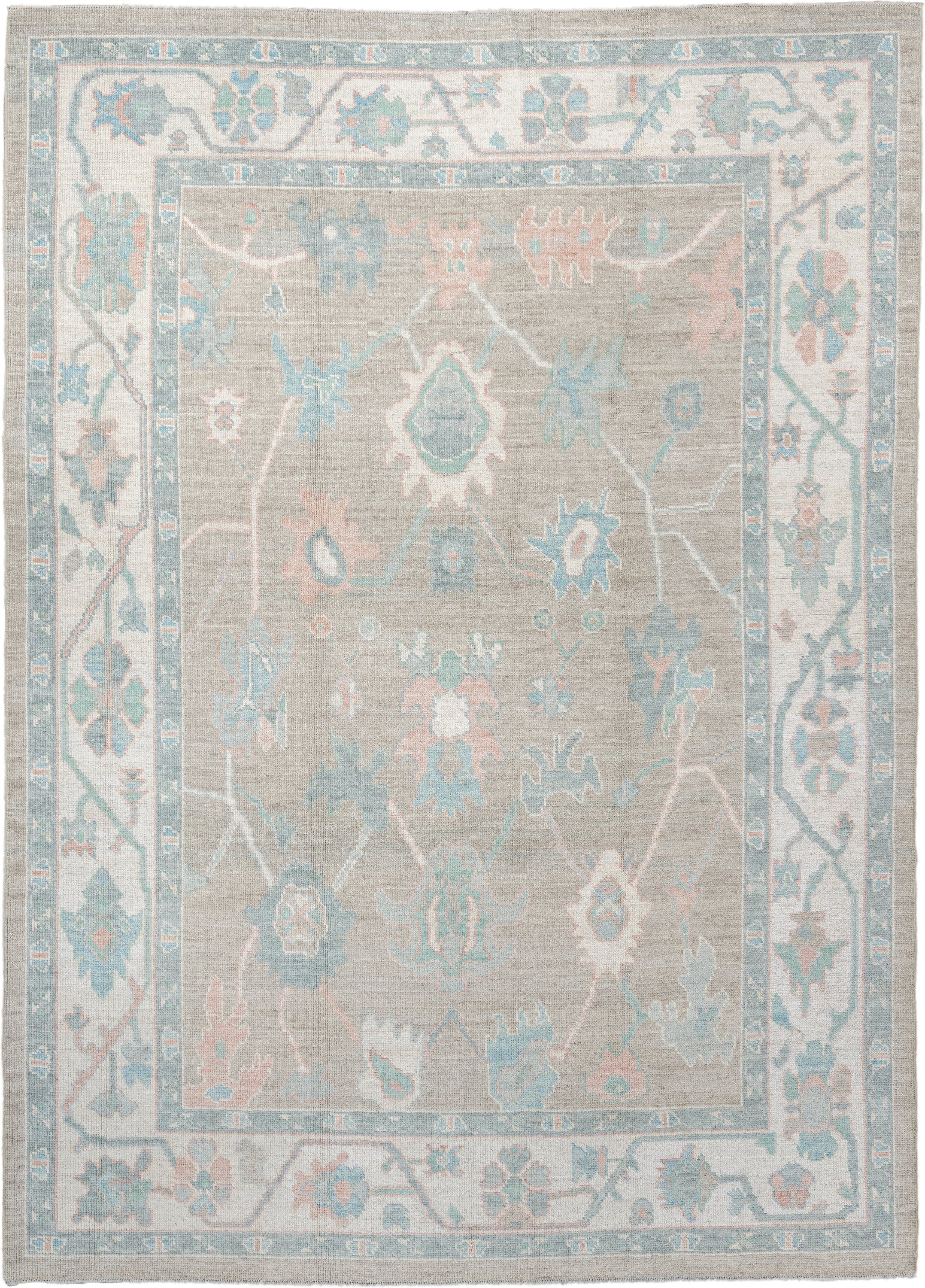 7' x 10' one-of-a-kind handmade vintage Oushak large size rug. Color palette: taupe, ivory, pale aqua, blush, sand, beige