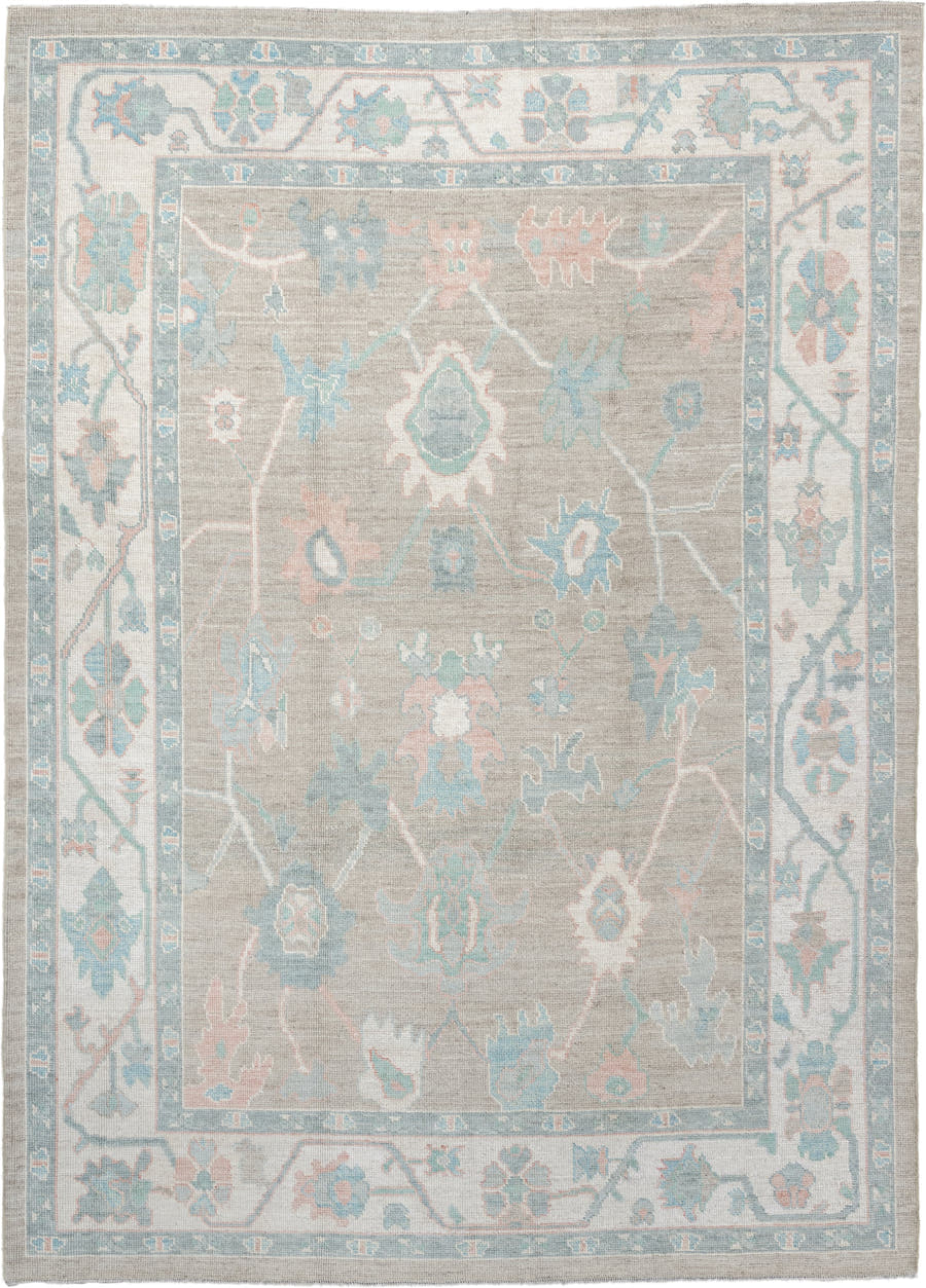 7' x 10' one-of-a-kind handmade vintage Oushak large size rug. Color palette: taupe, ivory, pale aqua, blush, sand, beige