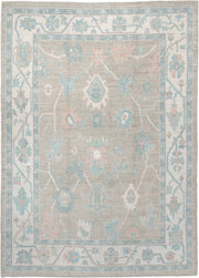 7' x 10' one-of-a-kind handmade vintage Oushak large size rug. Color palette: taupe, ivory, pale aqua, blush, sand, beige