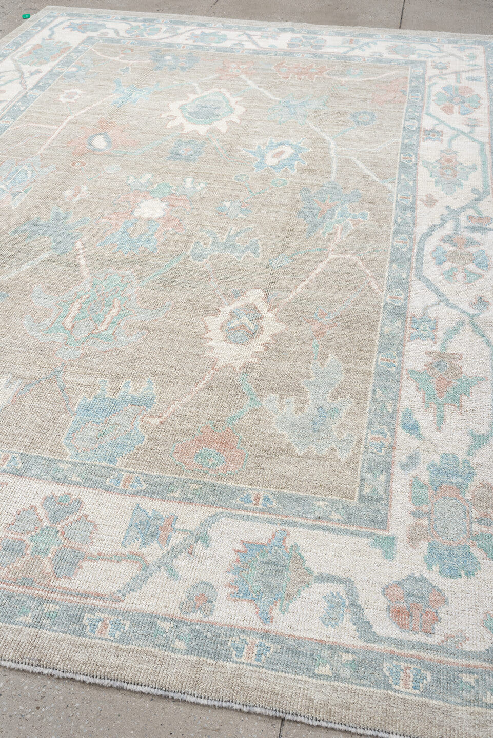 7' x 10' one-of-a-kind handmade vintage Oushak large size rug. Color palette: taupe, ivory, pale aqua, blush, sand, beige