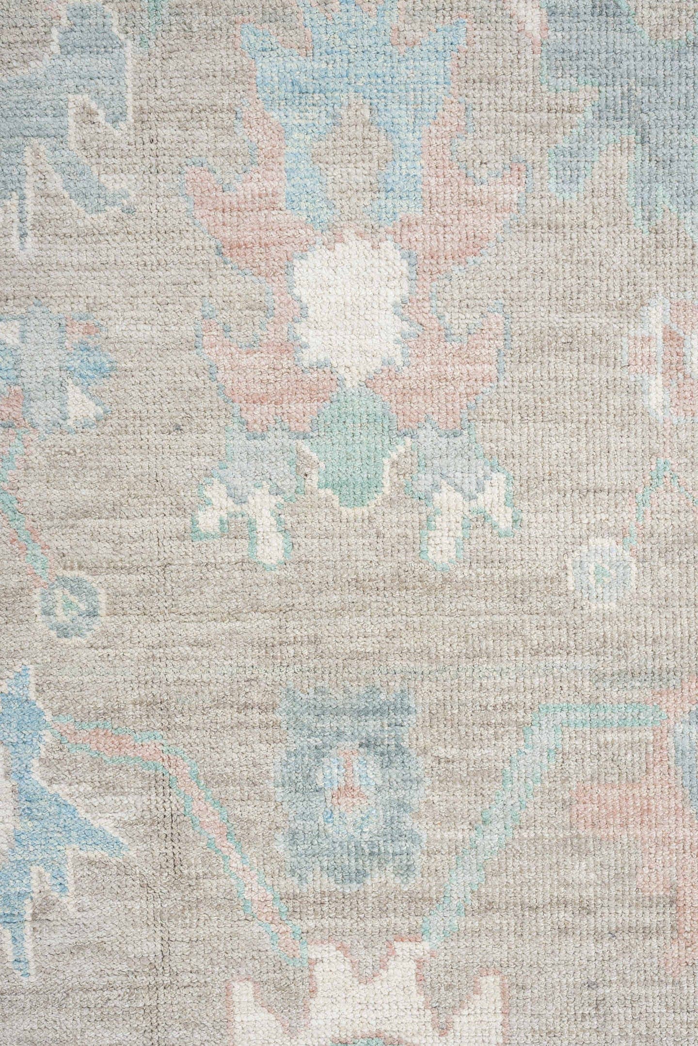 7' x 10' one-of-a-kind handmade vintage Oushak large size rug. Color palette: taupe, ivory, pale aqua, blush, sand, beige