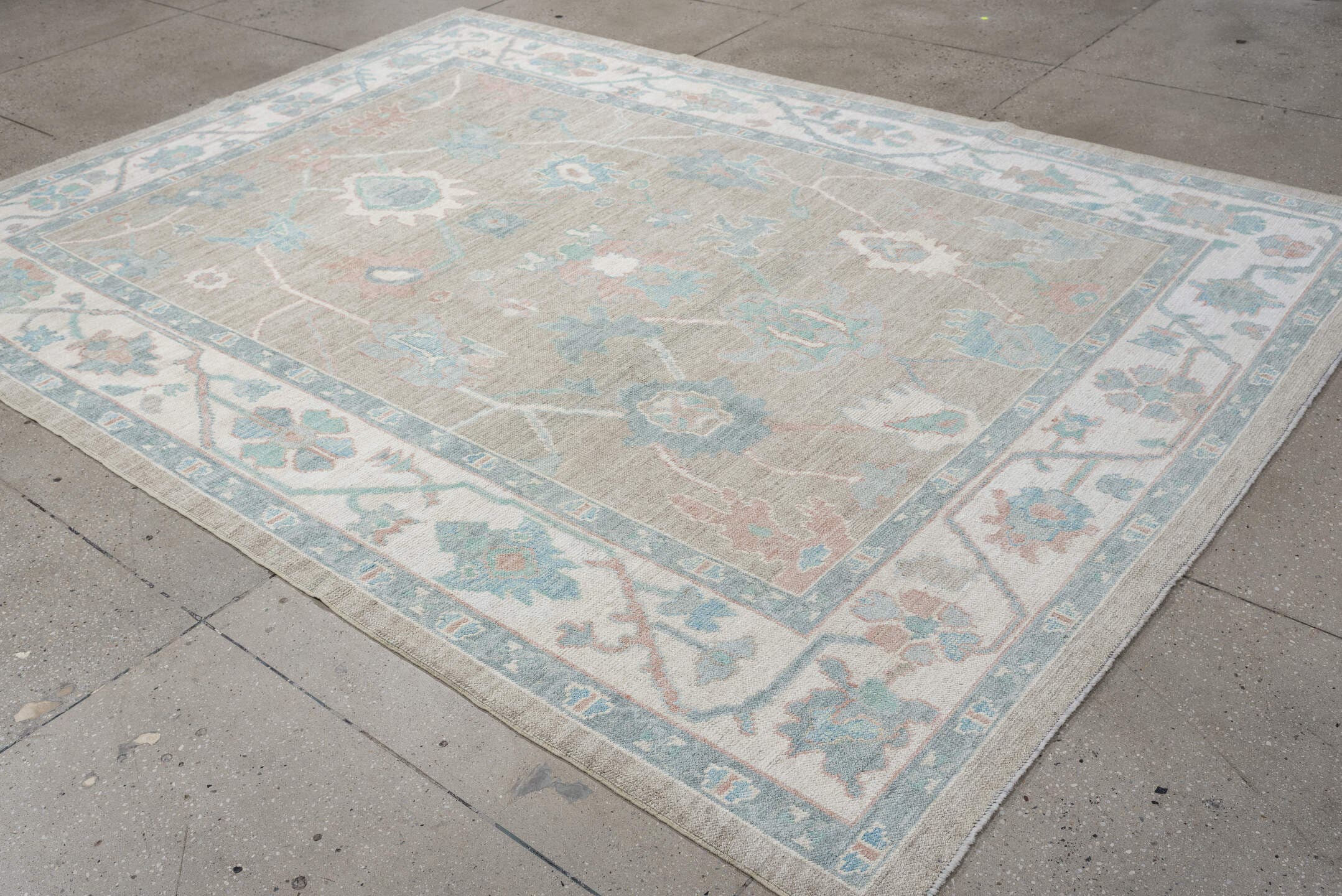 7' x 10' one-of-a-kind handmade vintage Oushak large size rug. Color palette: taupe, ivory, pale aqua, blush, sand, beige