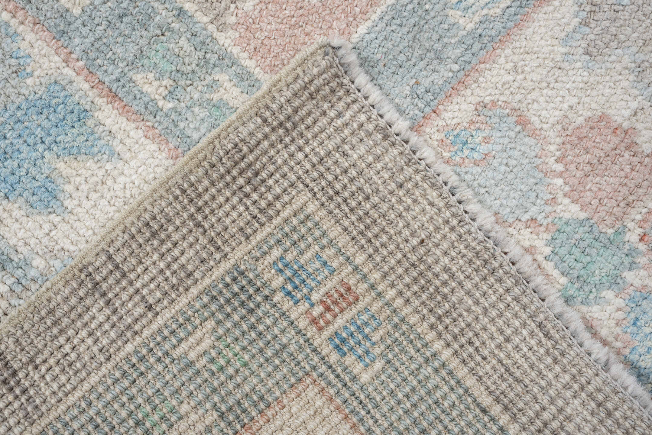 7' x 10' one-of-a-kind handmade vintage Oushak large size rug. Color palette: taupe, ivory, pale aqua, blush, sand, beige
