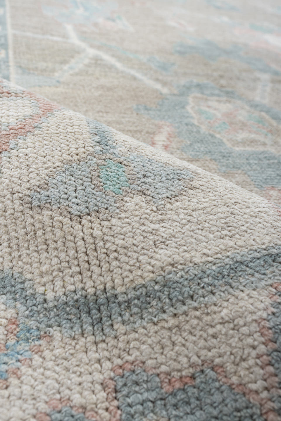 7' x 10' one-of-a-kind handmade vintage Oushak large size rug. Color palette: taupe, ivory, pale aqua, blush, sand, beige