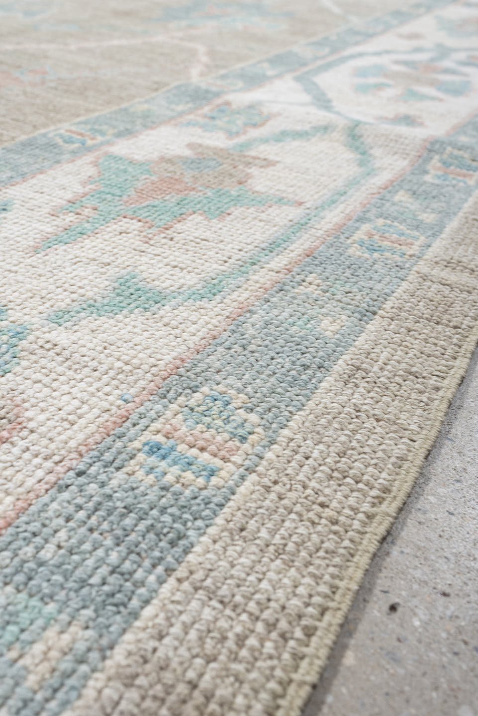7' x 10' one-of-a-kind handmade vintage Oushak large size rug. Color palette: taupe, ivory, pale aqua, blush, sand, beige