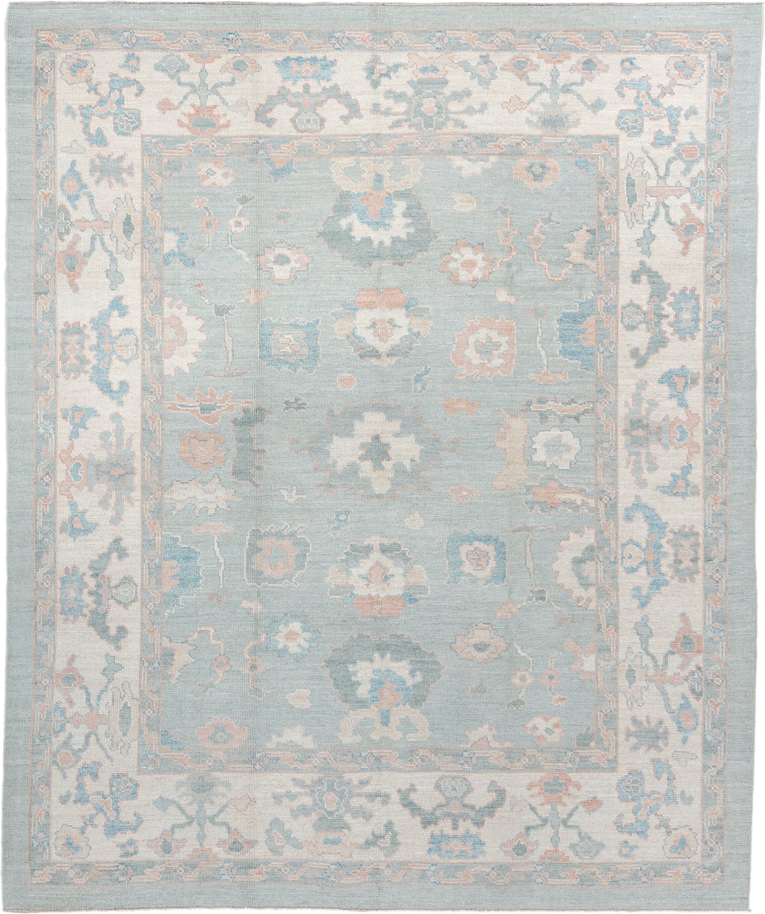 8' x 10' one-of-a-kind handmade vintage Oushak large size rug. Color palette: sky blue, ivory, blush, sage, taupe, peach
