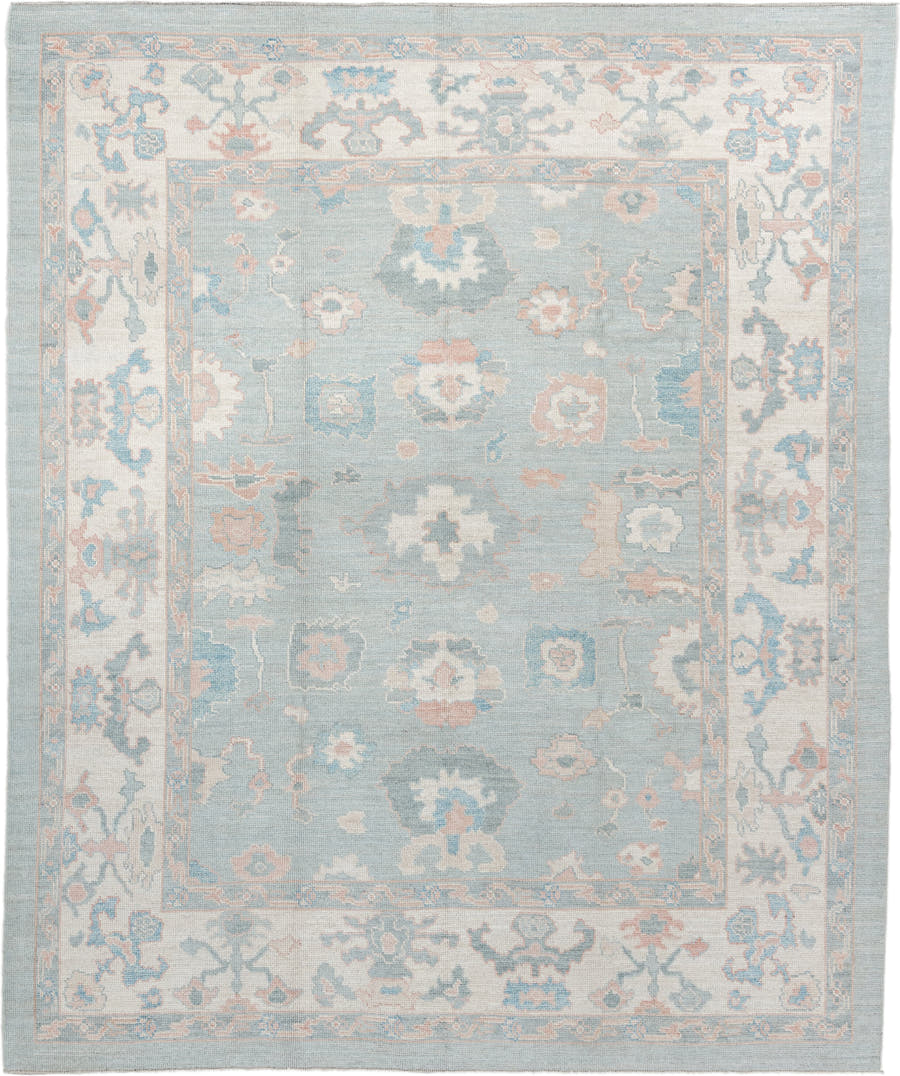 8' x 10' one-of-a-kind handmade vintage Oushak large size rug. Color palette: sky blue, ivory, blush, sage, taupe, peach