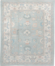 8' x 10' one-of-a-kind handmade vintage Oushak large size rug. Color palette: sky blue, ivory, blush, sage, taupe, peach