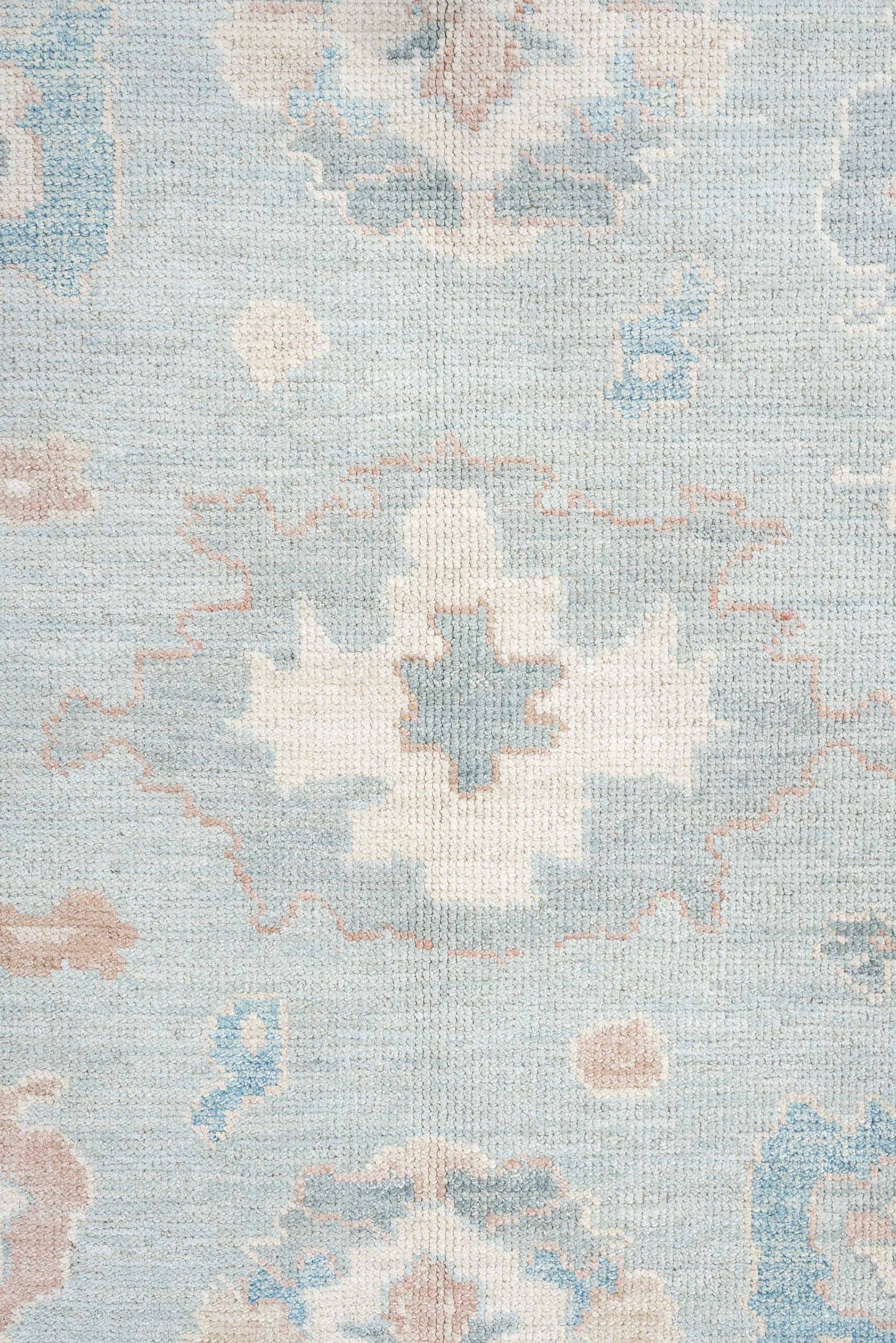 8' x 10' one-of-a-kind handmade vintage Oushak large size rug. Color palette: sky blue, ivory, blush, sage, taupe, peach