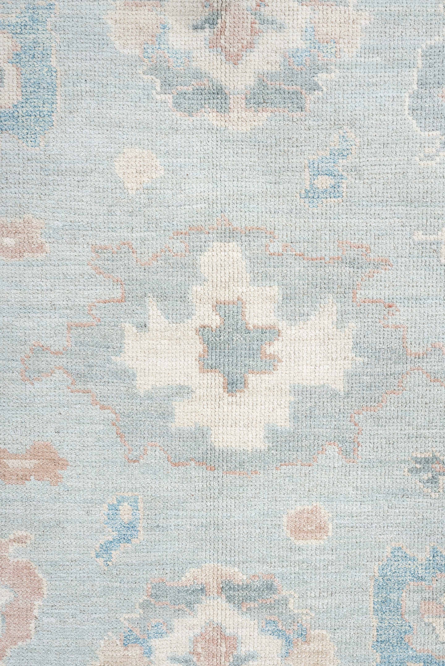 8' x 10' one-of-a-kind handmade vintage Oushak large size rug. Color palette: sky blue, ivory, blush, sage, taupe, peach