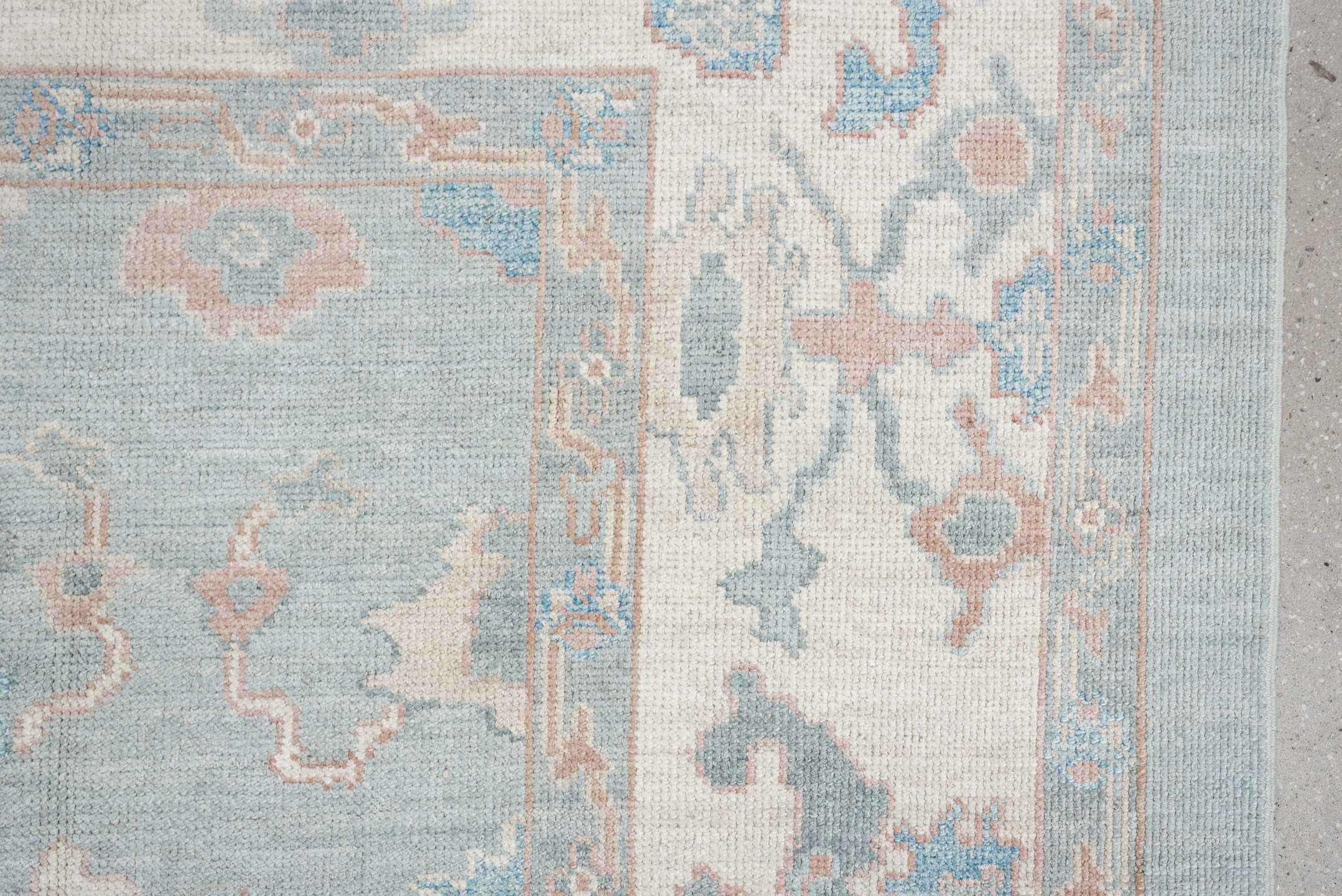 8' x 10' one-of-a-kind handmade vintage Oushak large size rug. Color palette: sky blue, ivory, blush, sage, taupe, peach