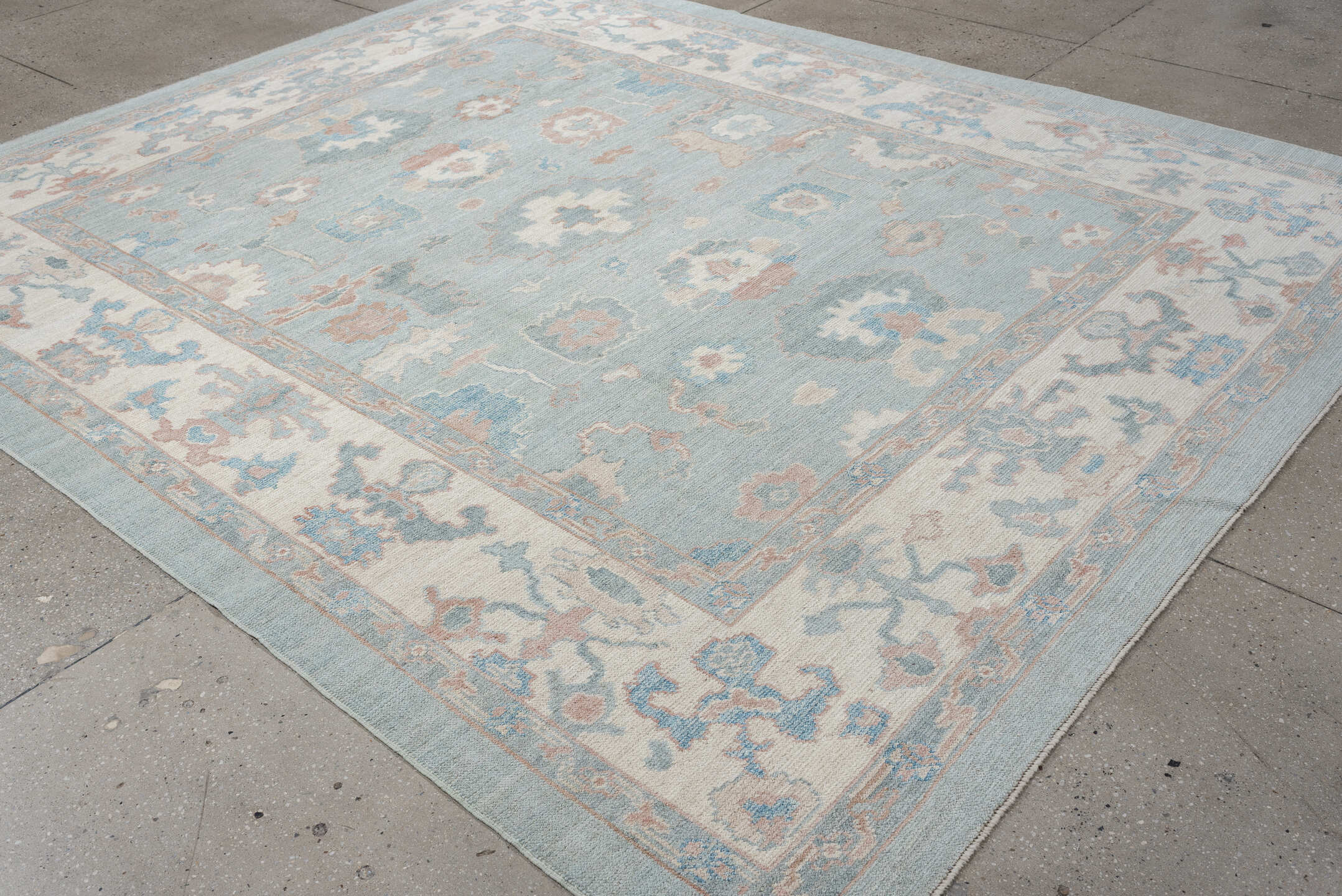 8' x 10' one-of-a-kind handmade vintage Oushak large size rug. Color palette: sky blue, ivory, blush, sage, taupe, peach