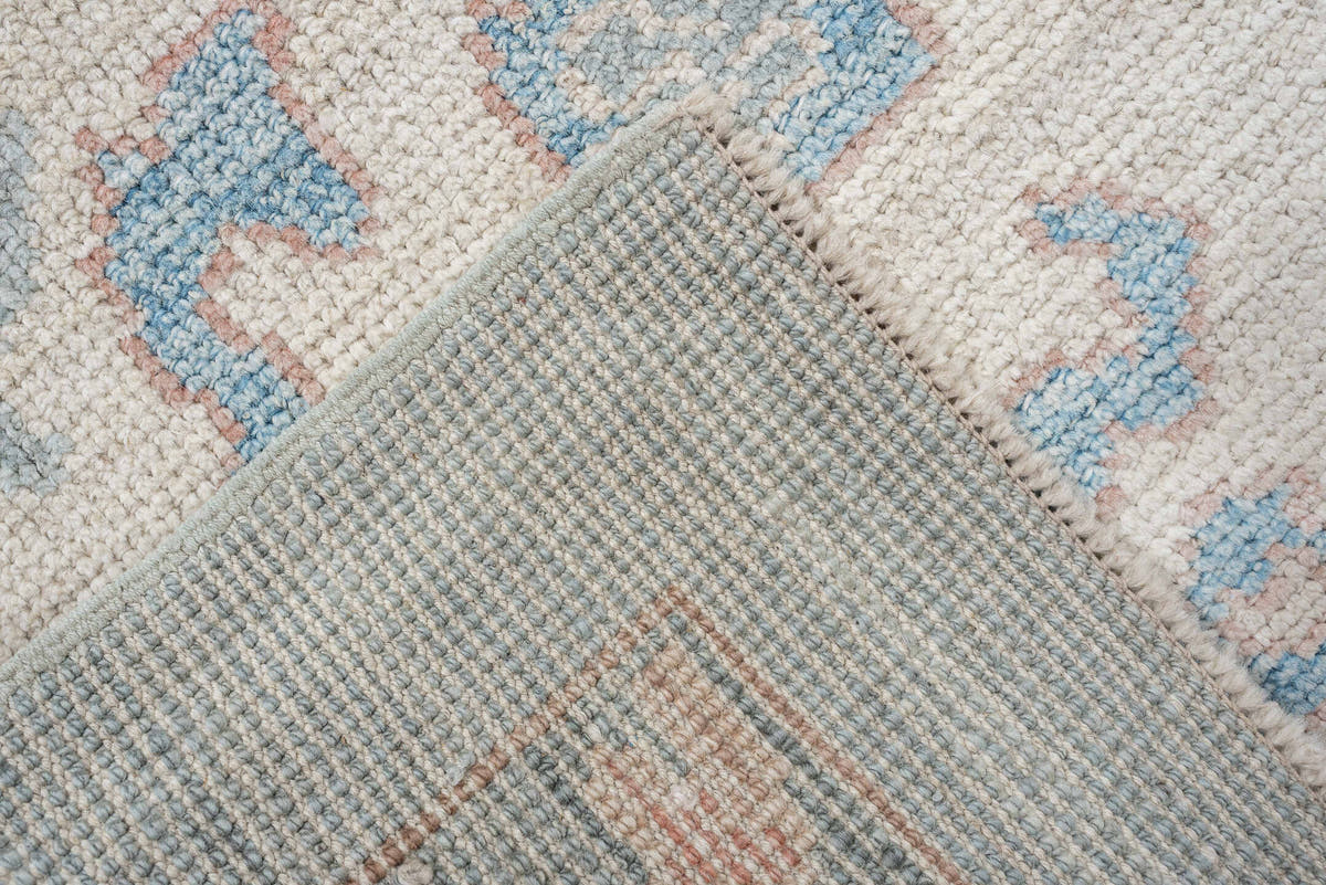 8' x 10' one-of-a-kind handmade vintage Oushak large size rug. Color palette: sky blue, ivory, blush, sage, taupe, peach