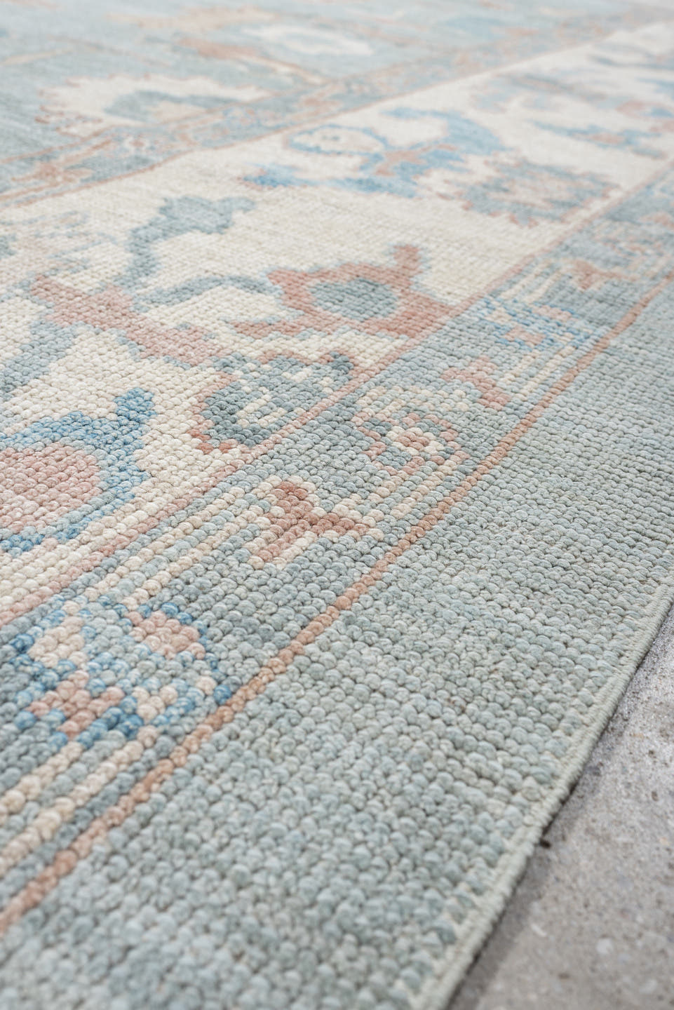 8' x 10' one-of-a-kind handmade vintage Oushak large size rug. Color palette: sky blue, ivory, blush, sage, taupe, peach