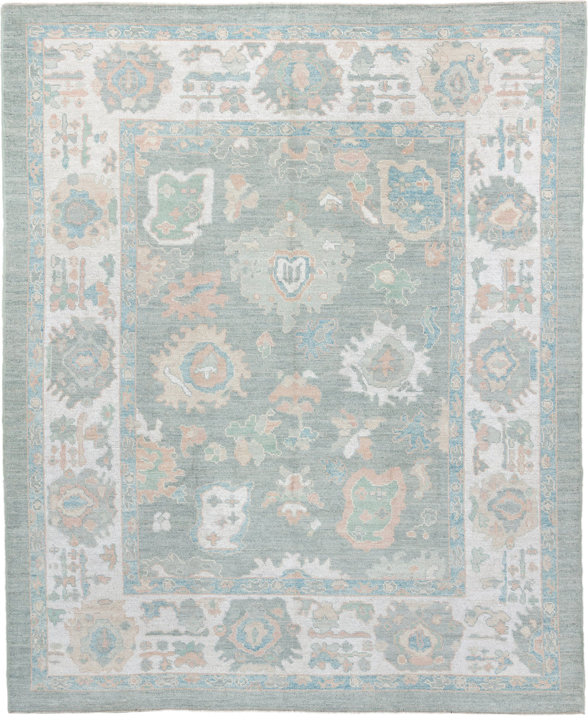 8' x 10' one-of-a-kind handmade vintage Oushak large size rug. Color palette: aqua, ivory, peach, sage, taupe, cream, teal