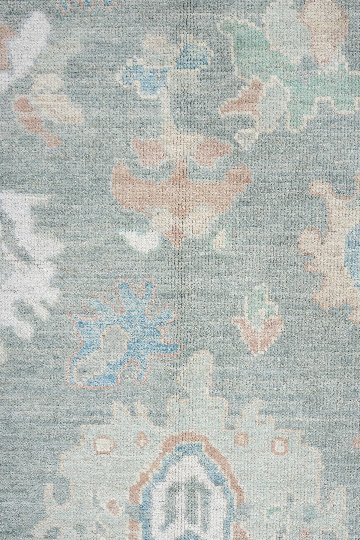 8' x 10' one-of-a-kind handmade vintage Oushak large size rug. Color palette: aqua, ivory, peach, sage, taupe, cream, teal