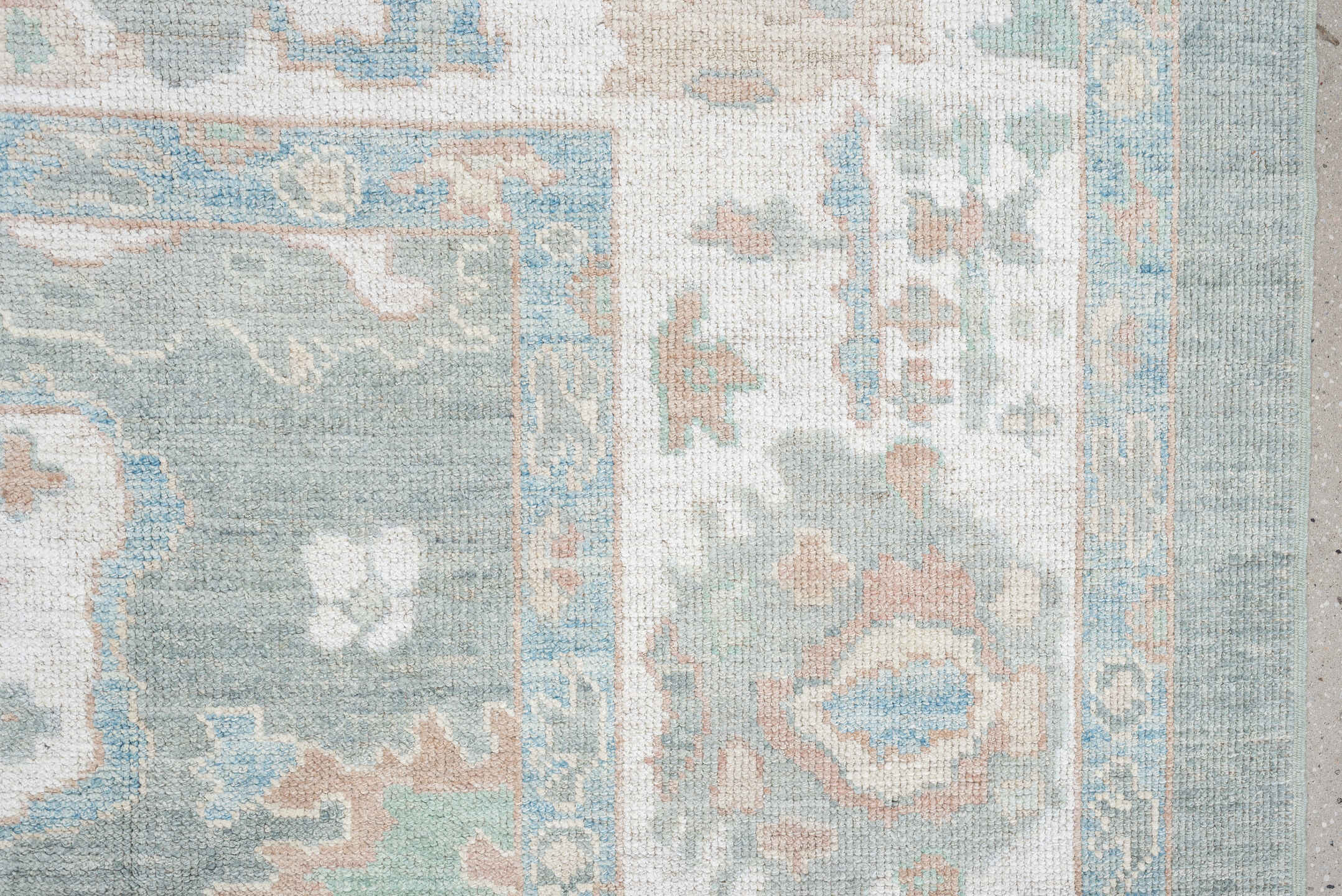 8' x 10' one-of-a-kind handmade vintage Oushak large size rug. Color palette: aqua, ivory, peach, sage, taupe, cream, teal