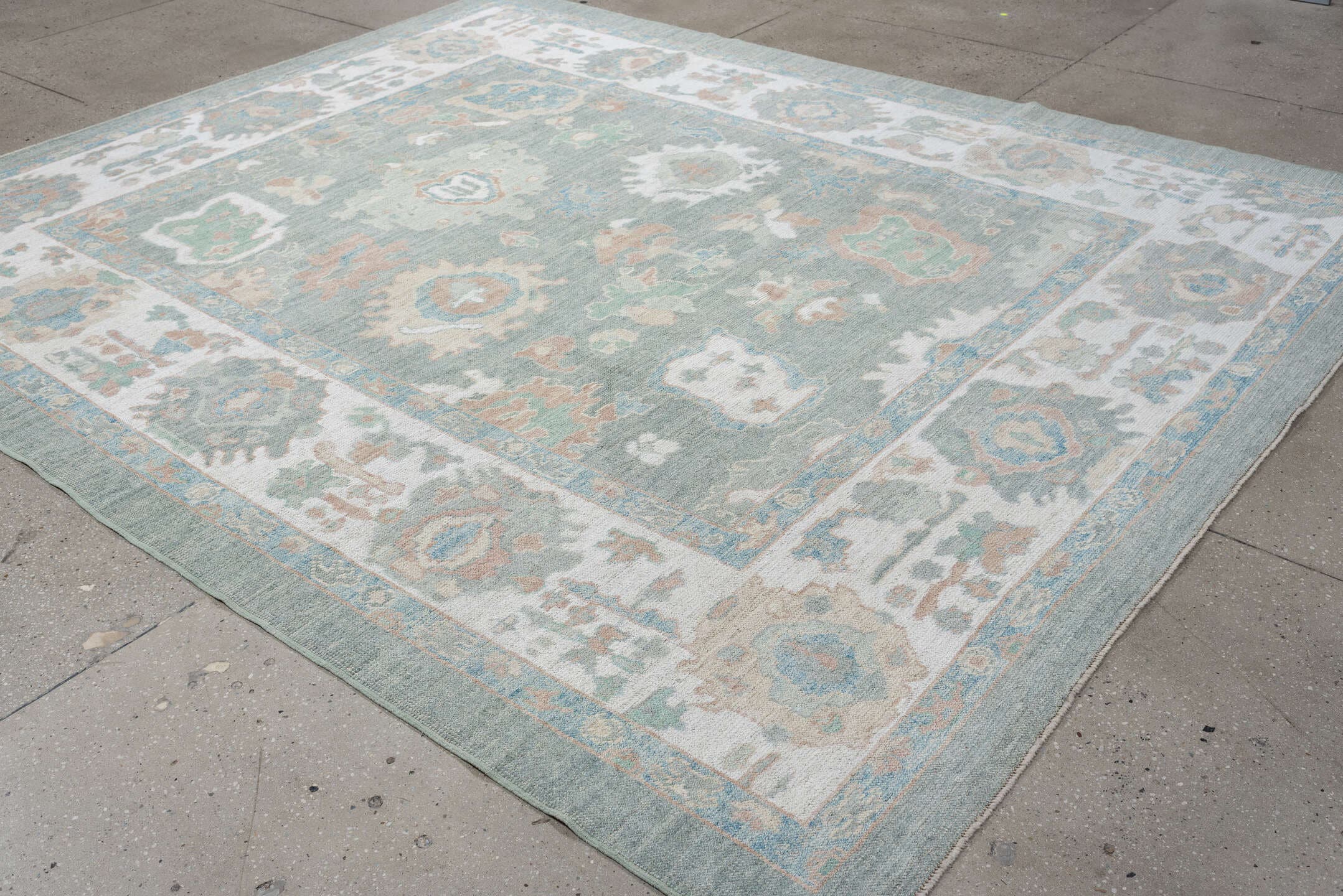 8' x 10' one-of-a-kind handmade vintage Oushak large size rug. Color palette: aqua, ivory, peach, sage, taupe, cream, teal