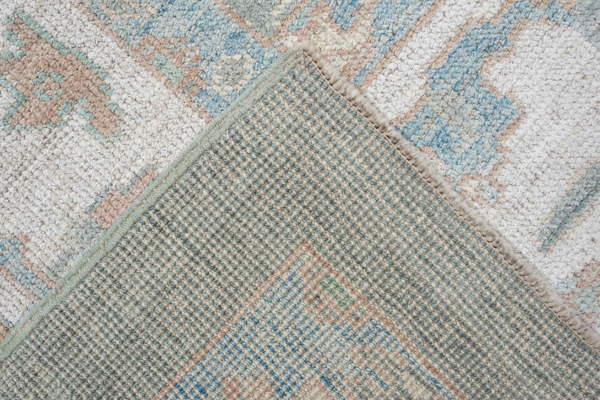 8' x 10' one-of-a-kind handmade vintage Oushak large size rug. Color palette: aqua, ivory, peach, sage, taupe, cream, teal