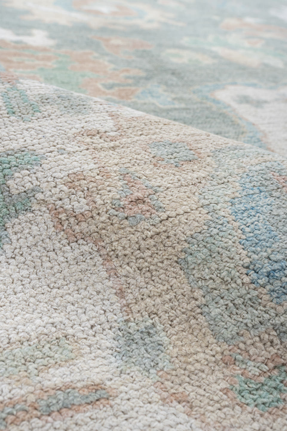 8' x 10' one-of-a-kind handmade vintage Oushak large size rug. Color palette: aqua, ivory, peach, sage, taupe, cream, teal