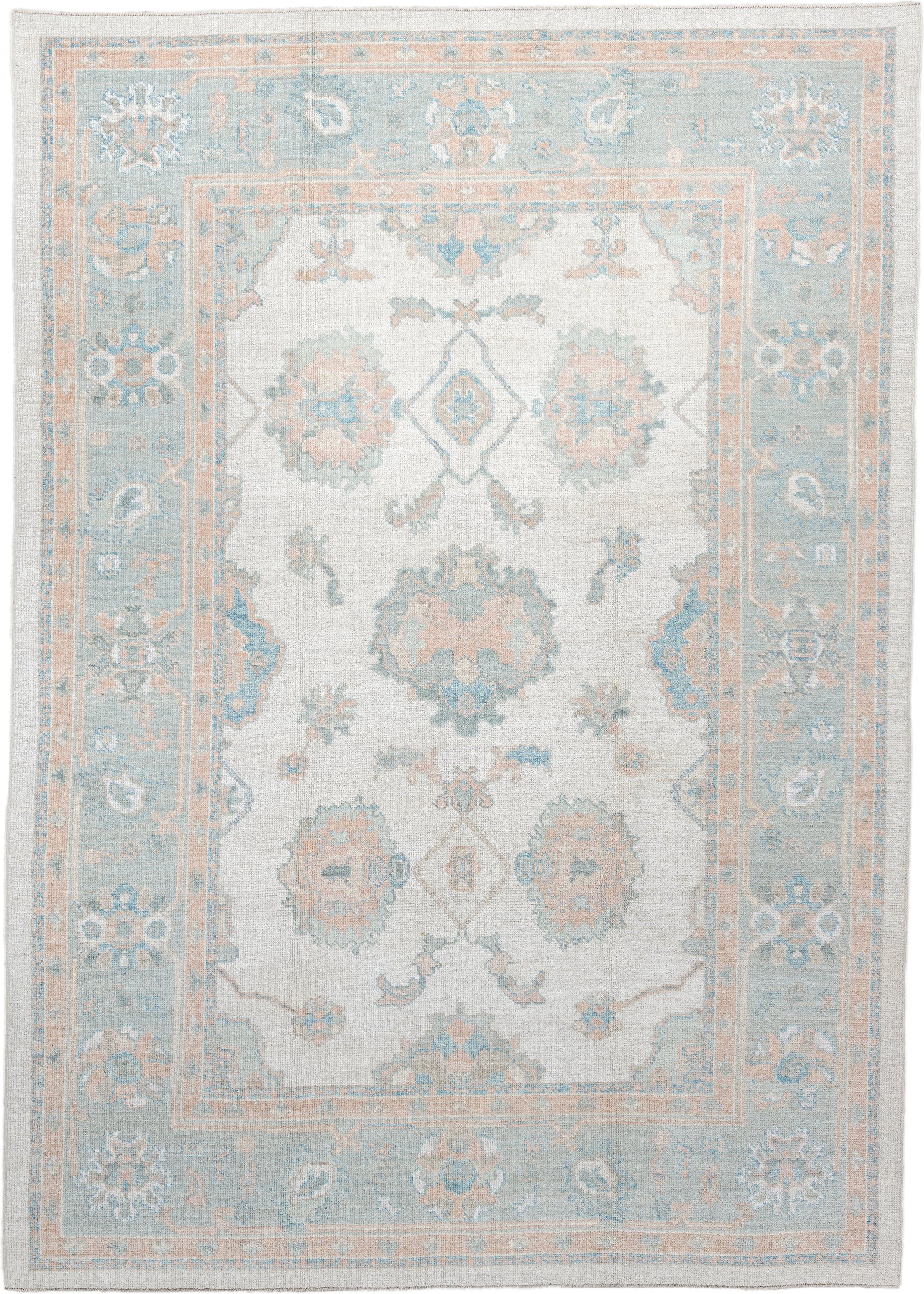 7' x 10' one-of-a-kind handmade vintage Oushak large size rug. Color palette: ivory, pale aqua, blush, taupe, cream, teal
