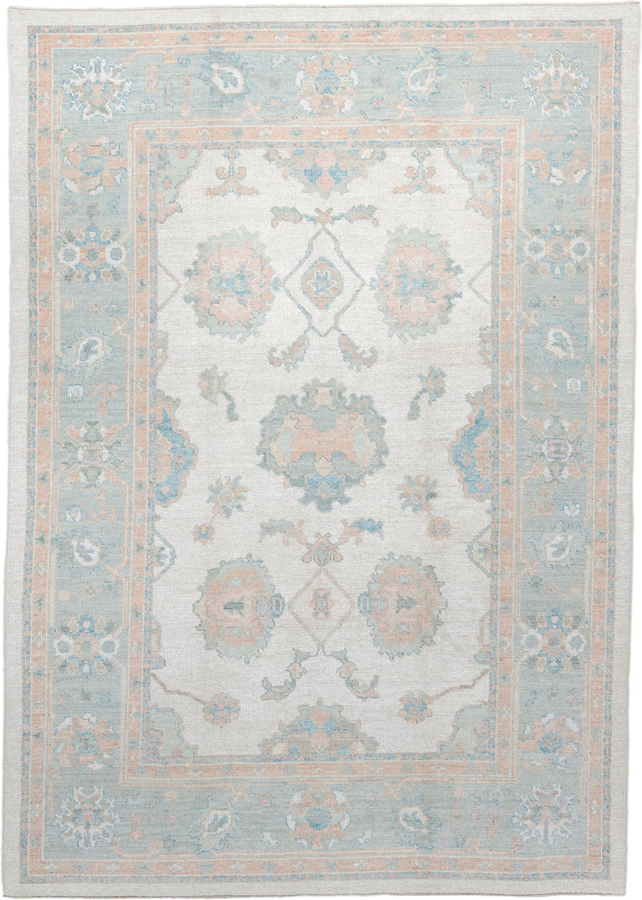 7' x 10' one-of-a-kind handmade vintage Oushak large size rug. Color palette: ivory, pale aqua, blush, taupe, cream, teal
