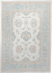 7' x 10' one-of-a-kind handmade vintage Oushak large size rug. Color palette: ivory, pale aqua, blush, taupe, cream, teal