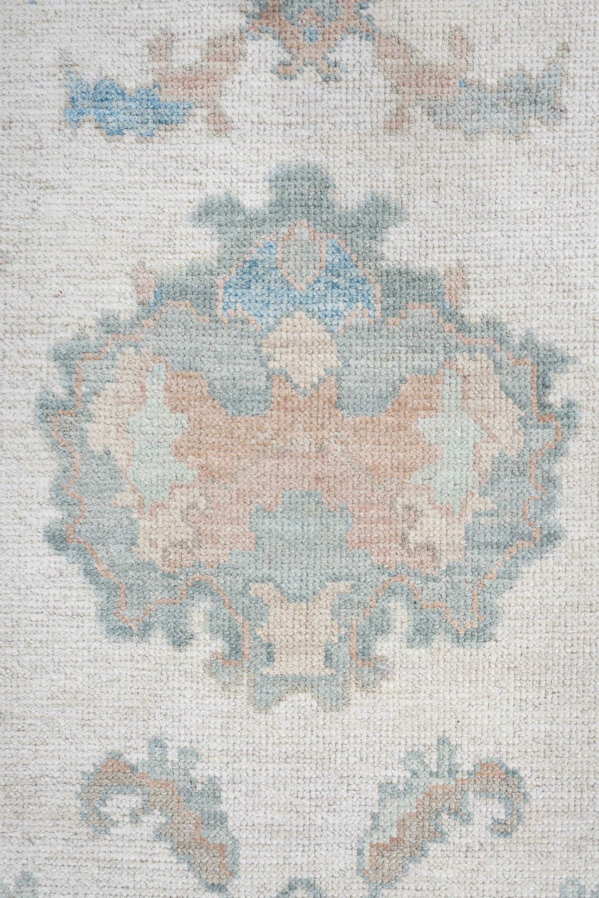 7' x 10' one-of-a-kind handmade vintage Oushak large size rug. Color palette: ivory, pale aqua, blush, taupe, cream, teal