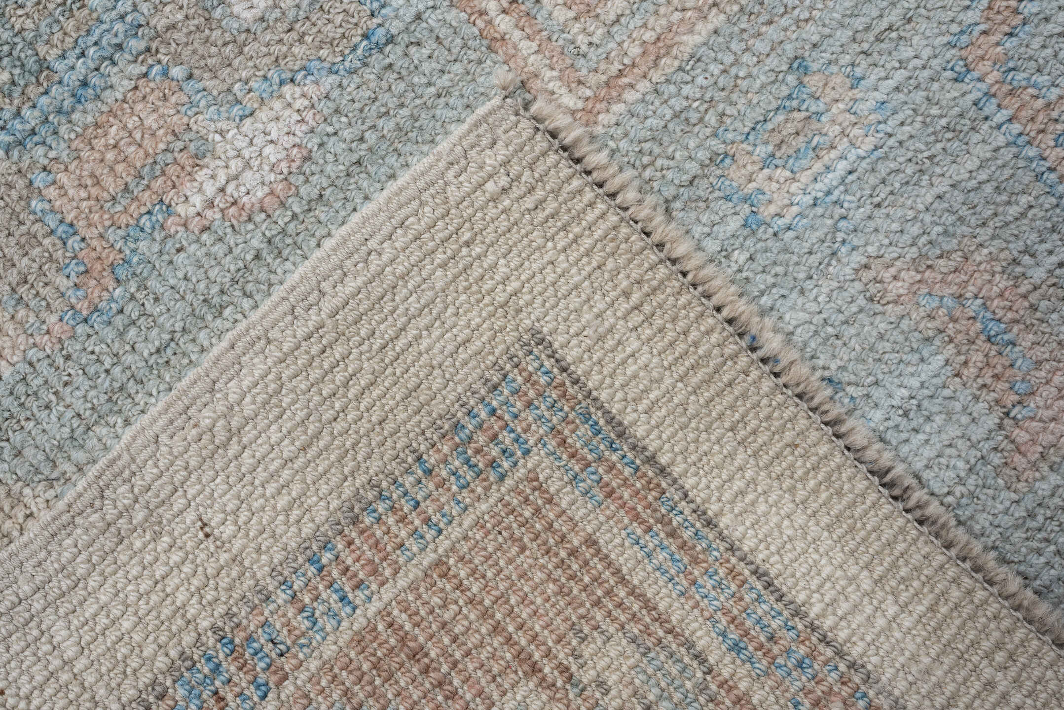 7' x 10' one-of-a-kind handmade vintage Oushak large size rug. Color palette: ivory, pale aqua, blush, taupe, cream, teal
