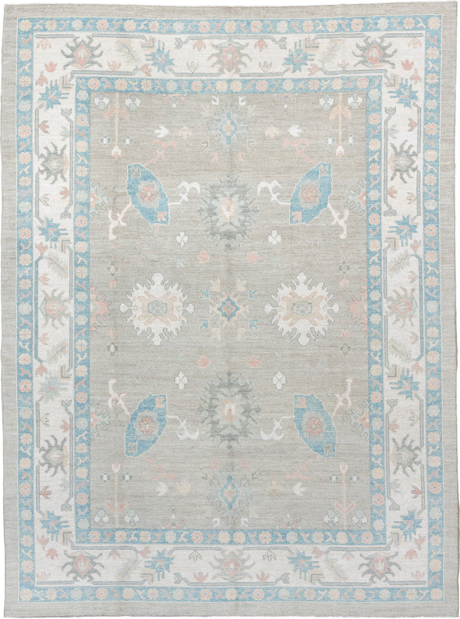 9' x 12' one-of-a-kind handmade vintage Oushak large size rug. Color palette: taupe, ivory, sky blue, peach, soft gray, sand
