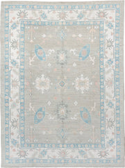 9' x 12' one-of-a-kind handmade vintage Oushak large size rug. Color palette: taupe, ivory, sky blue, peach, soft gray, sand