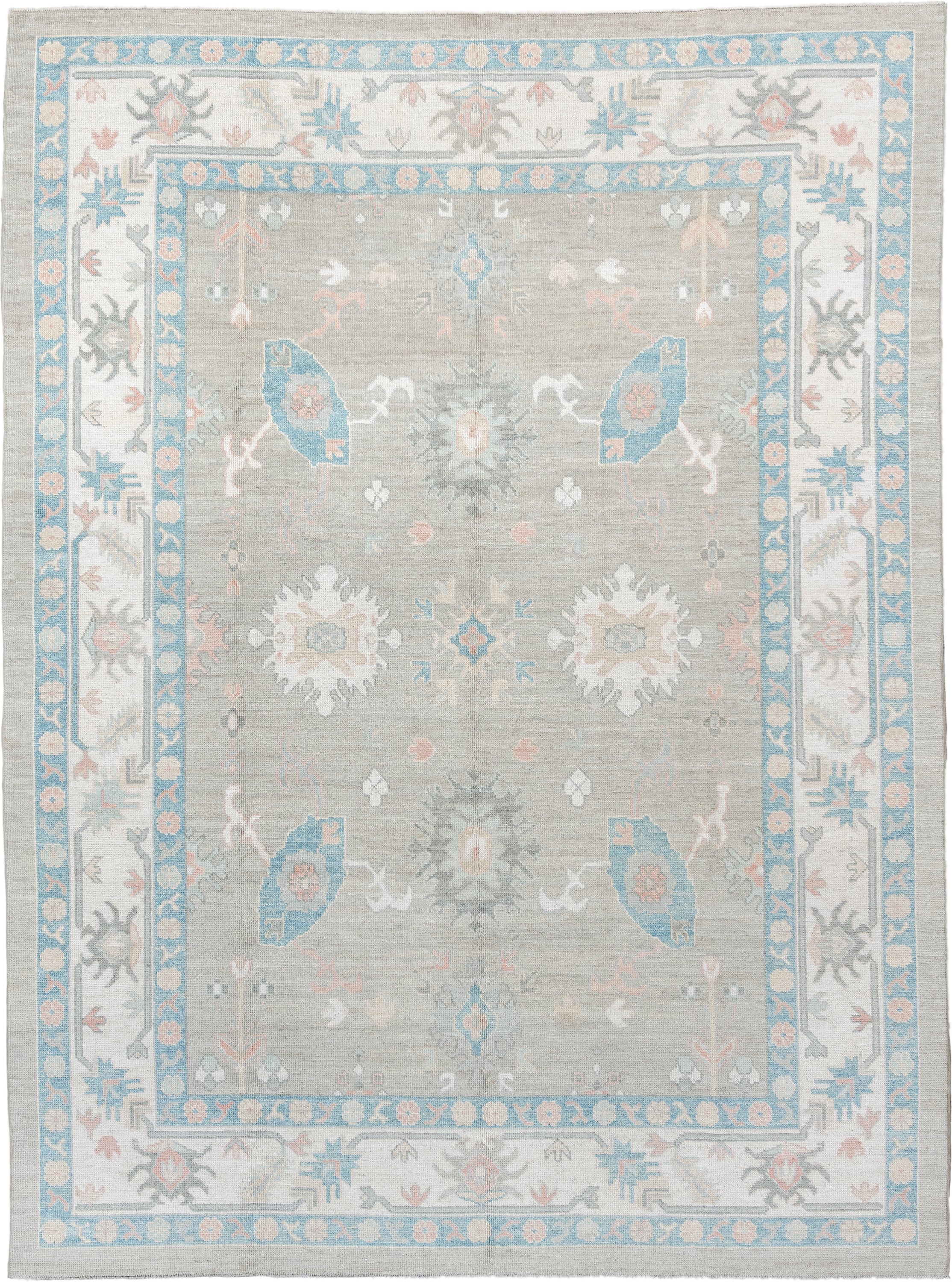 9' x 12' one-of-a-kind handmade vintage Oushak large size rug. Color palette: taupe, ivory, sky blue, peach, soft gray, sand