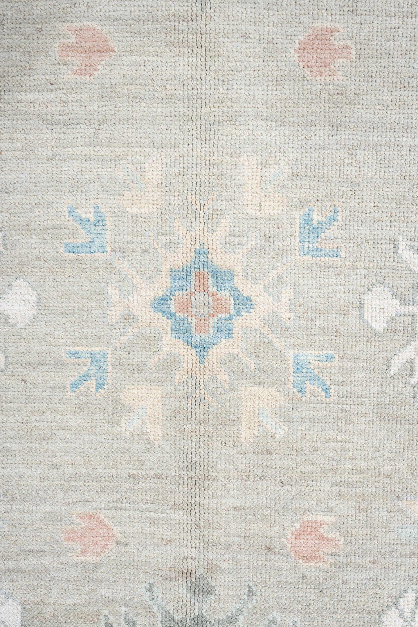 9' x 12' one-of-a-kind handmade vintage Oushak large size rug. Color palette: taupe, ivory, sky blue, peach, soft gray, sand