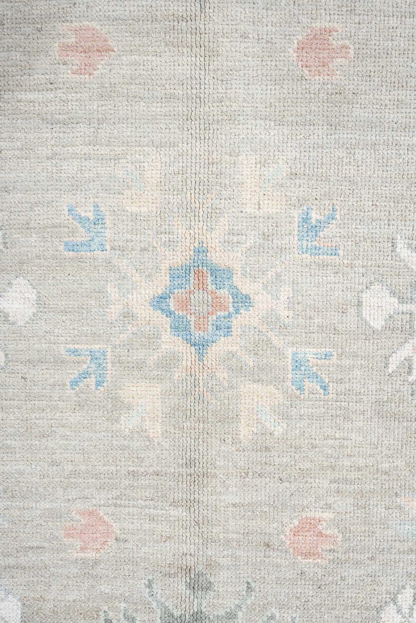 9' x 12' one-of-a-kind handmade vintage Oushak large size rug. Color palette: taupe, ivory, sky blue, peach, soft gray, sand