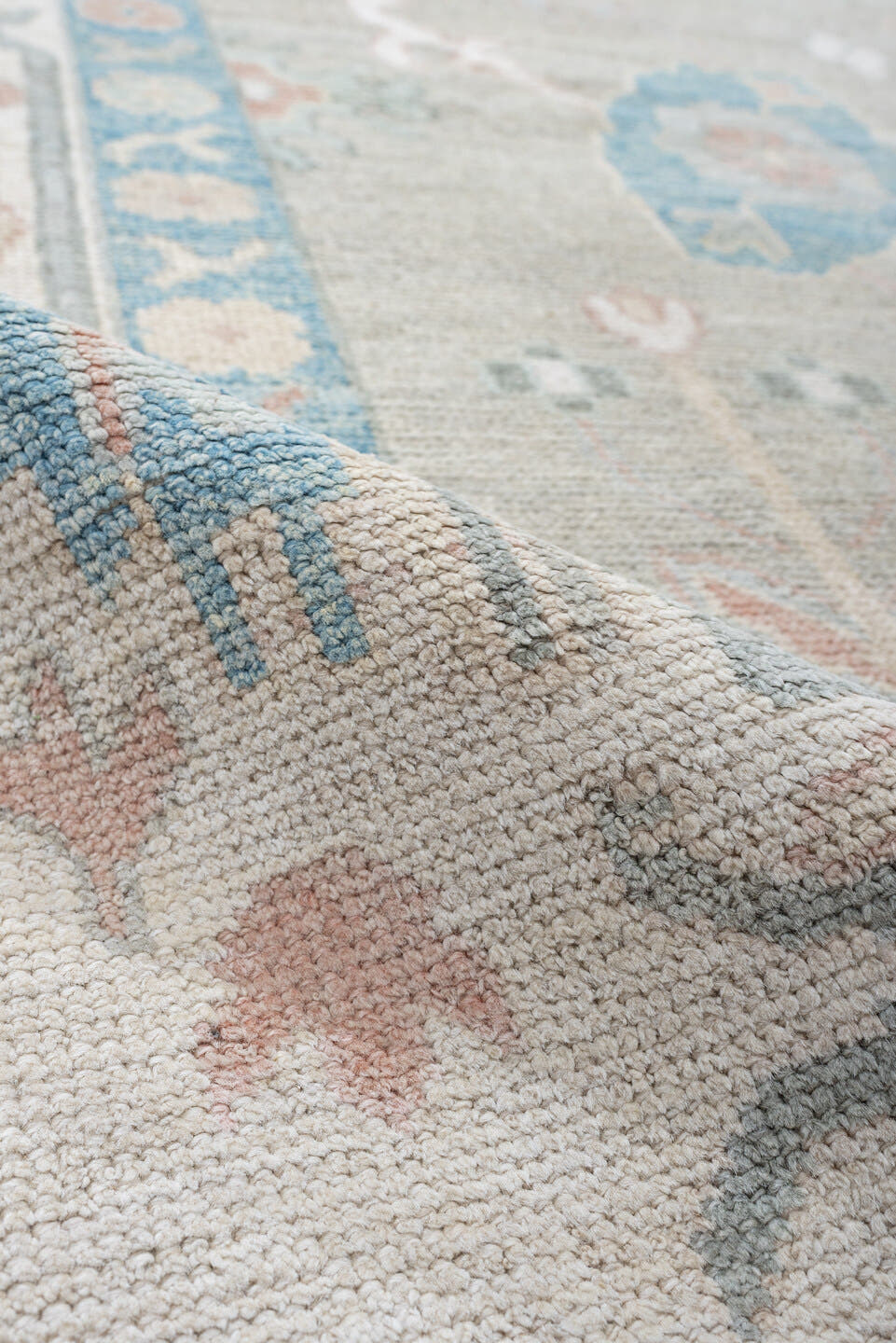 9' x 12' one-of-a-kind handmade vintage Oushak large size rug. Color palette: taupe, ivory, sky blue, peach, soft gray, sand