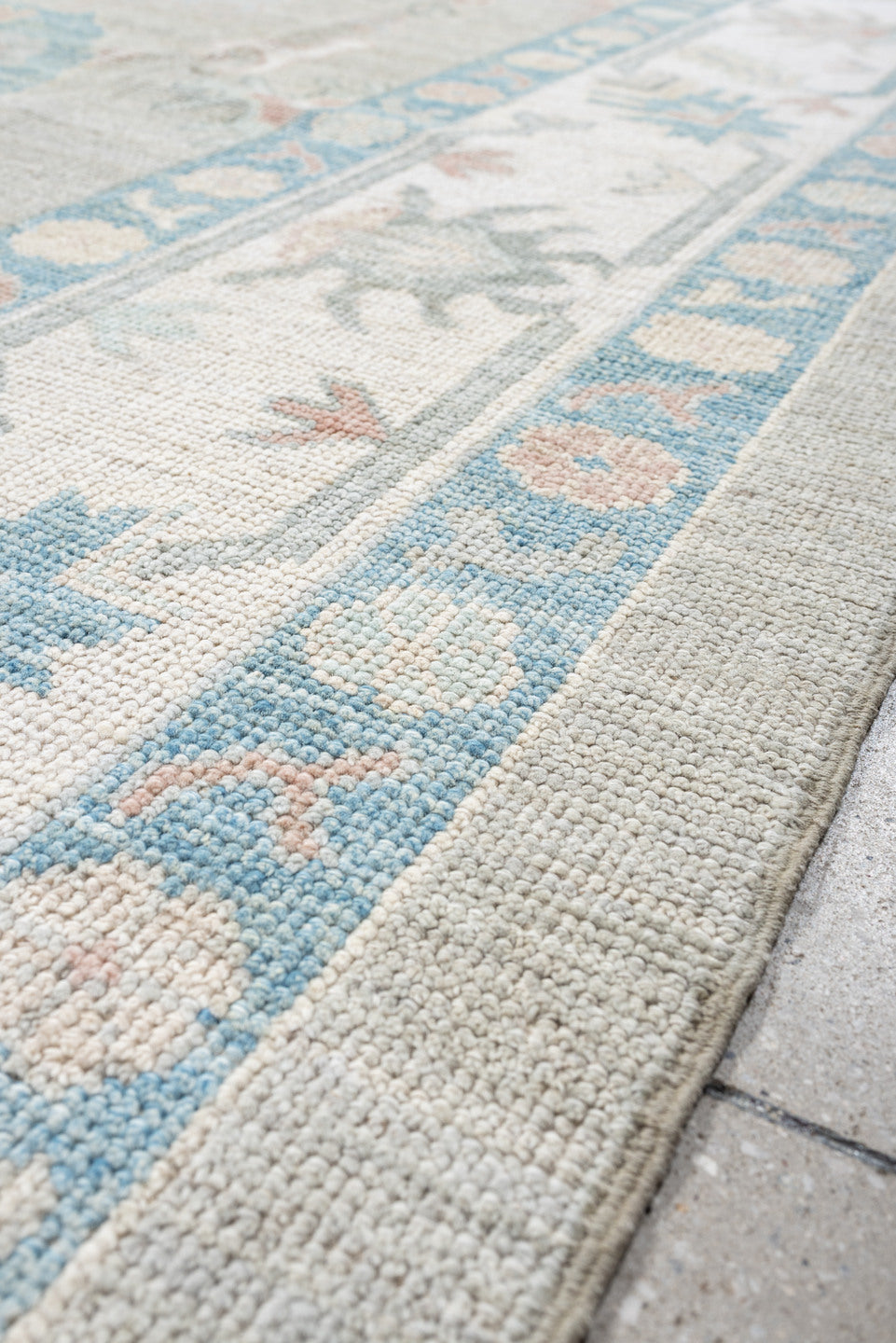 9' x 12' one-of-a-kind handmade vintage Oushak large size rug. Color palette: taupe, ivory, sky blue, peach, soft gray, sand