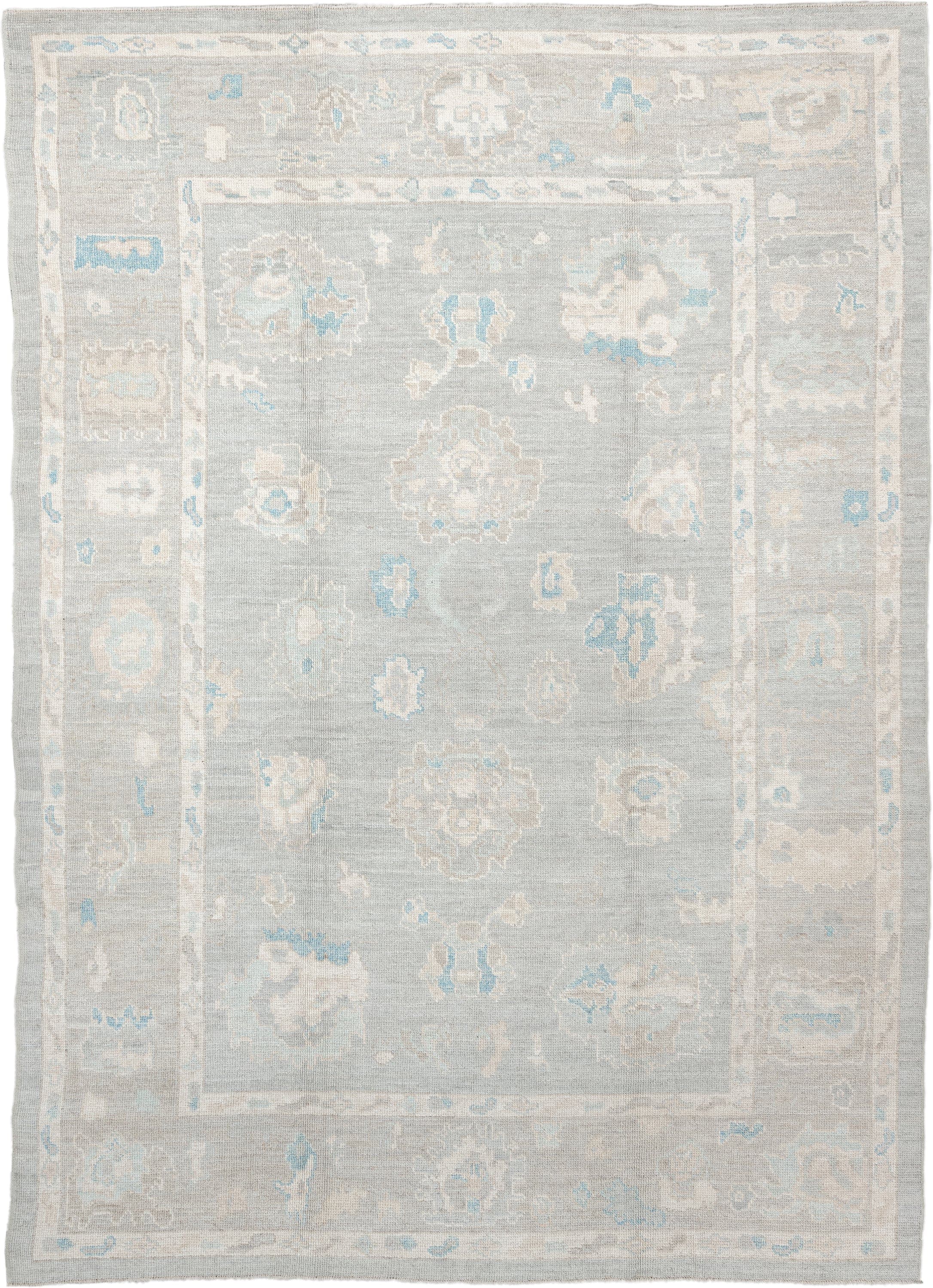 7' x 10' one-of-a-kind handmade vintage Oushak large size rug. Color palette: pale blue, ivory, taupe, cream, sky blue