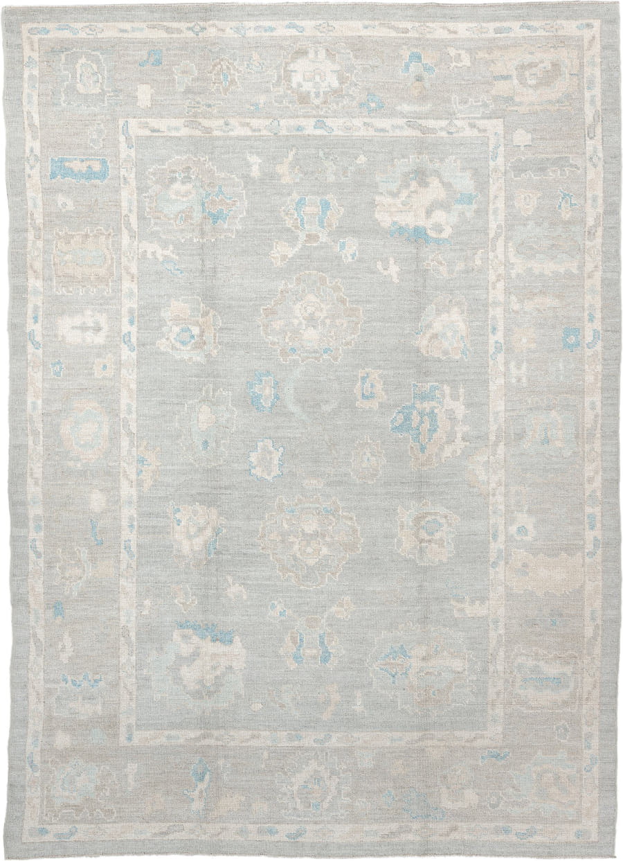 7' x 10' one-of-a-kind handmade vintage Oushak large size rug. Color palette: pale blue, ivory, taupe, cream, sky blue
