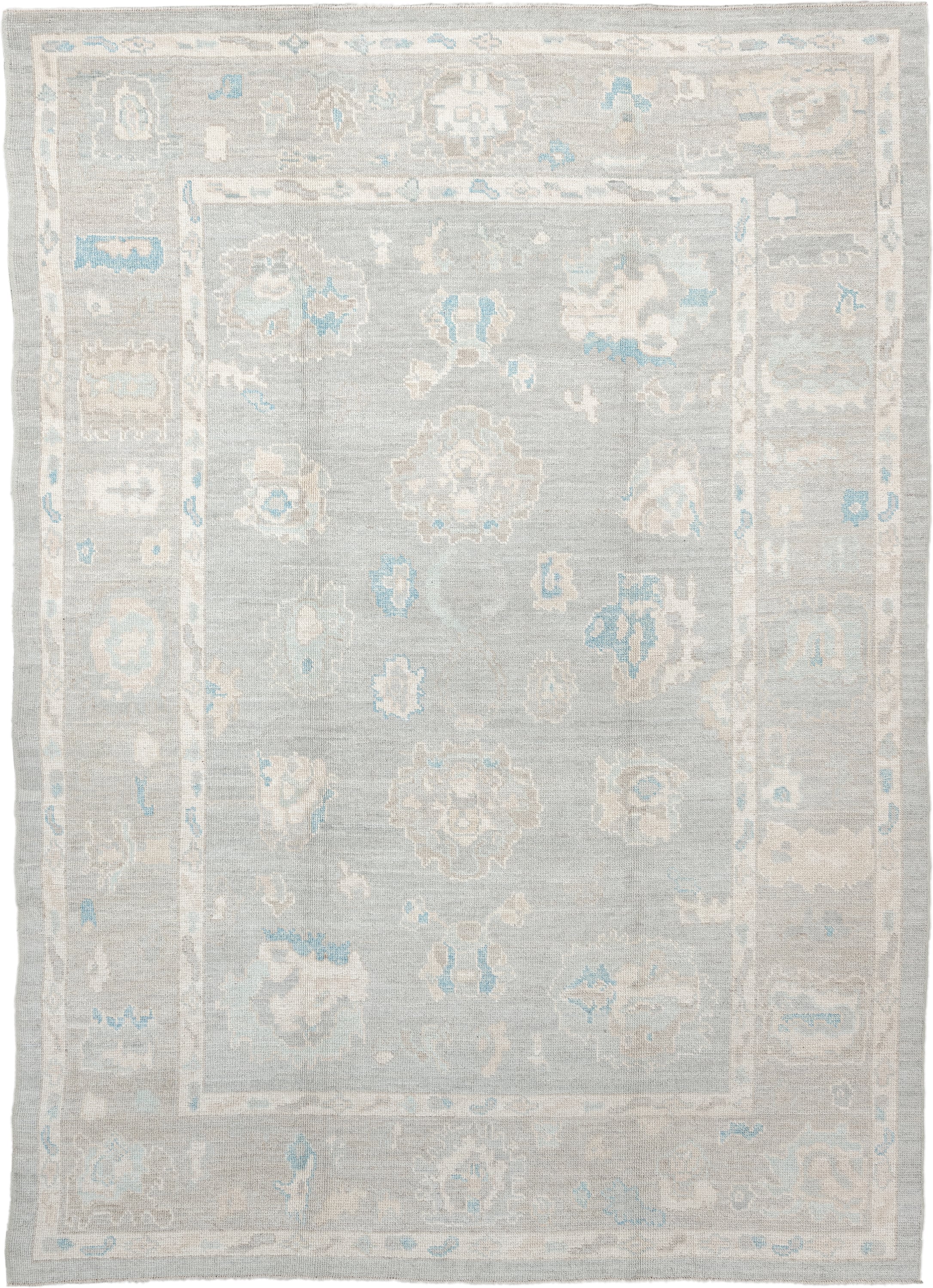 7' x 10' one-of-a-kind handmade vintage Oushak large size rug. Color palette: pale blue, ivory, taupe, cream, sky blue