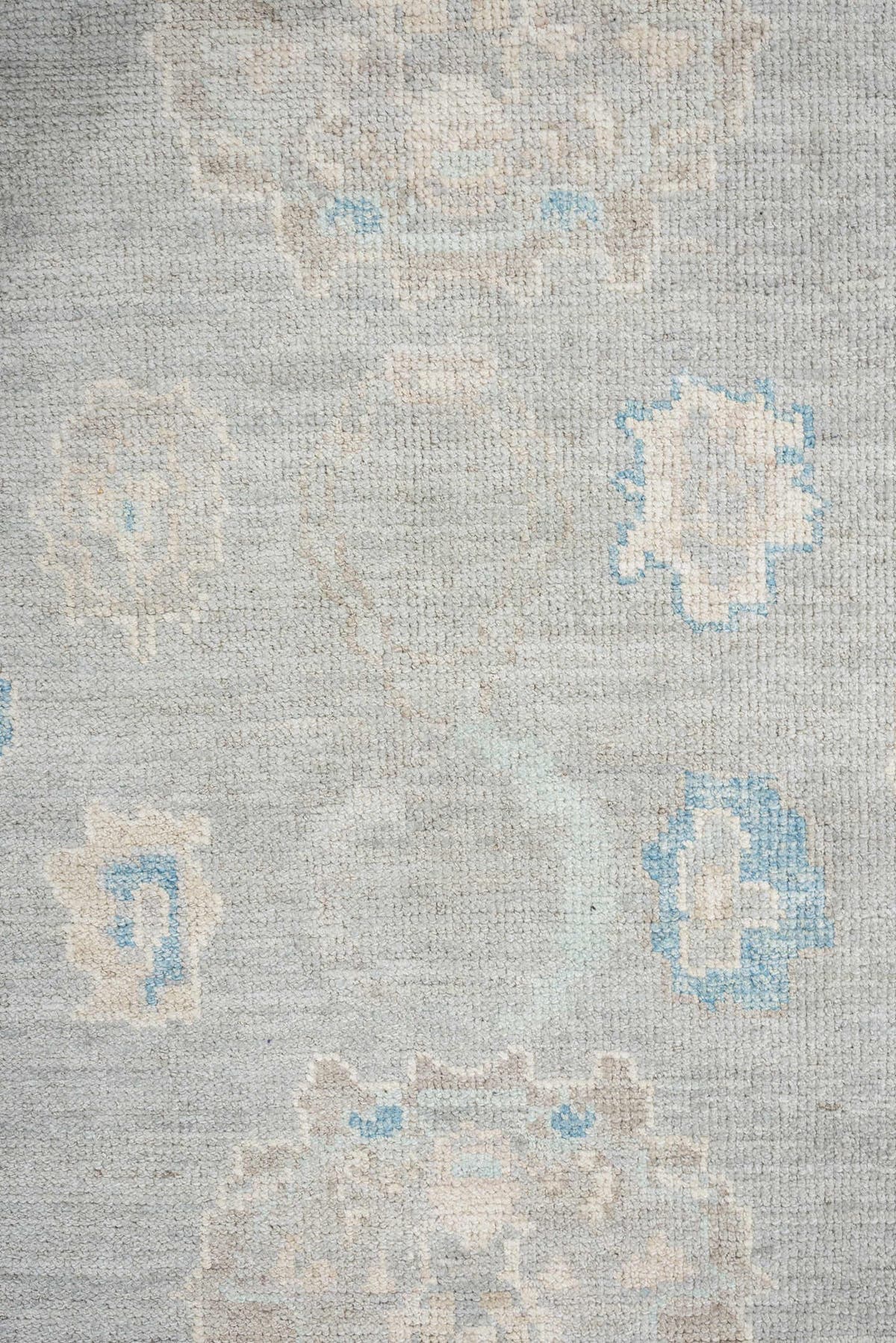 7' x 10' one-of-a-kind handmade vintage Oushak large size rug. Color palette: pale blue, ivory, taupe, cream, sky blue