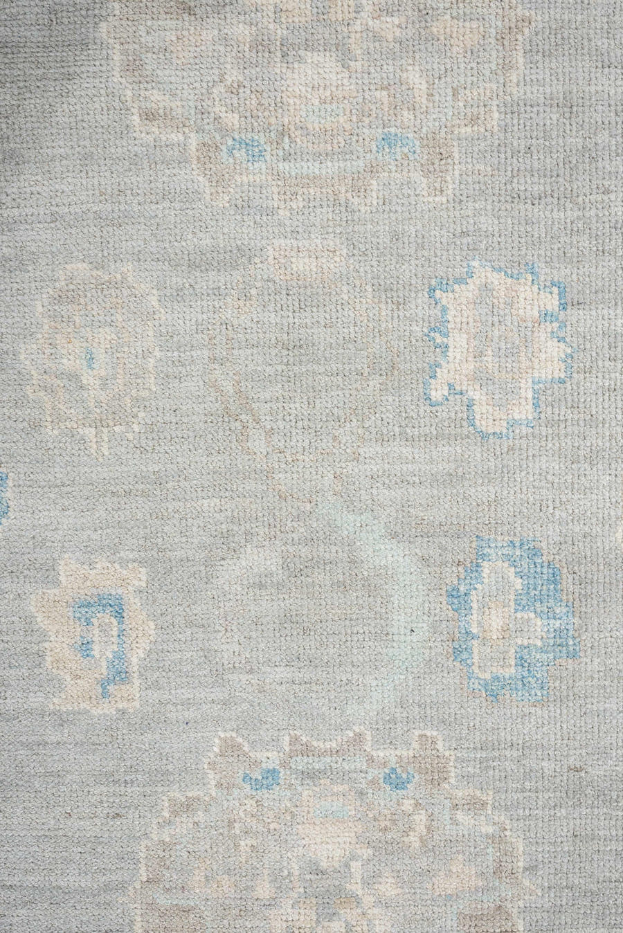 7' x 10' one-of-a-kind handmade vintage Oushak large size rug. Color palette: pale blue, ivory, taupe, cream, sky blue