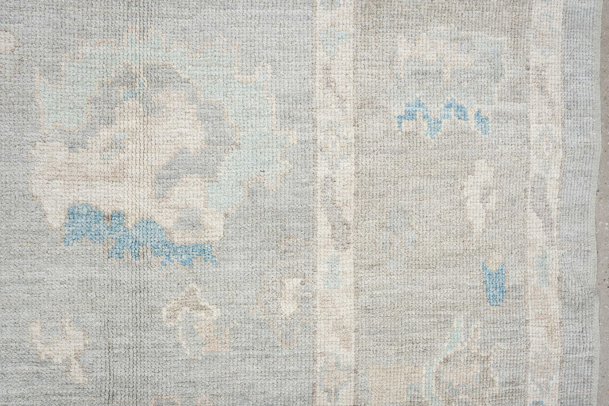 7' x 10' one-of-a-kind handmade vintage Oushak large size rug. Color palette: pale blue, ivory, taupe, cream, sky blue